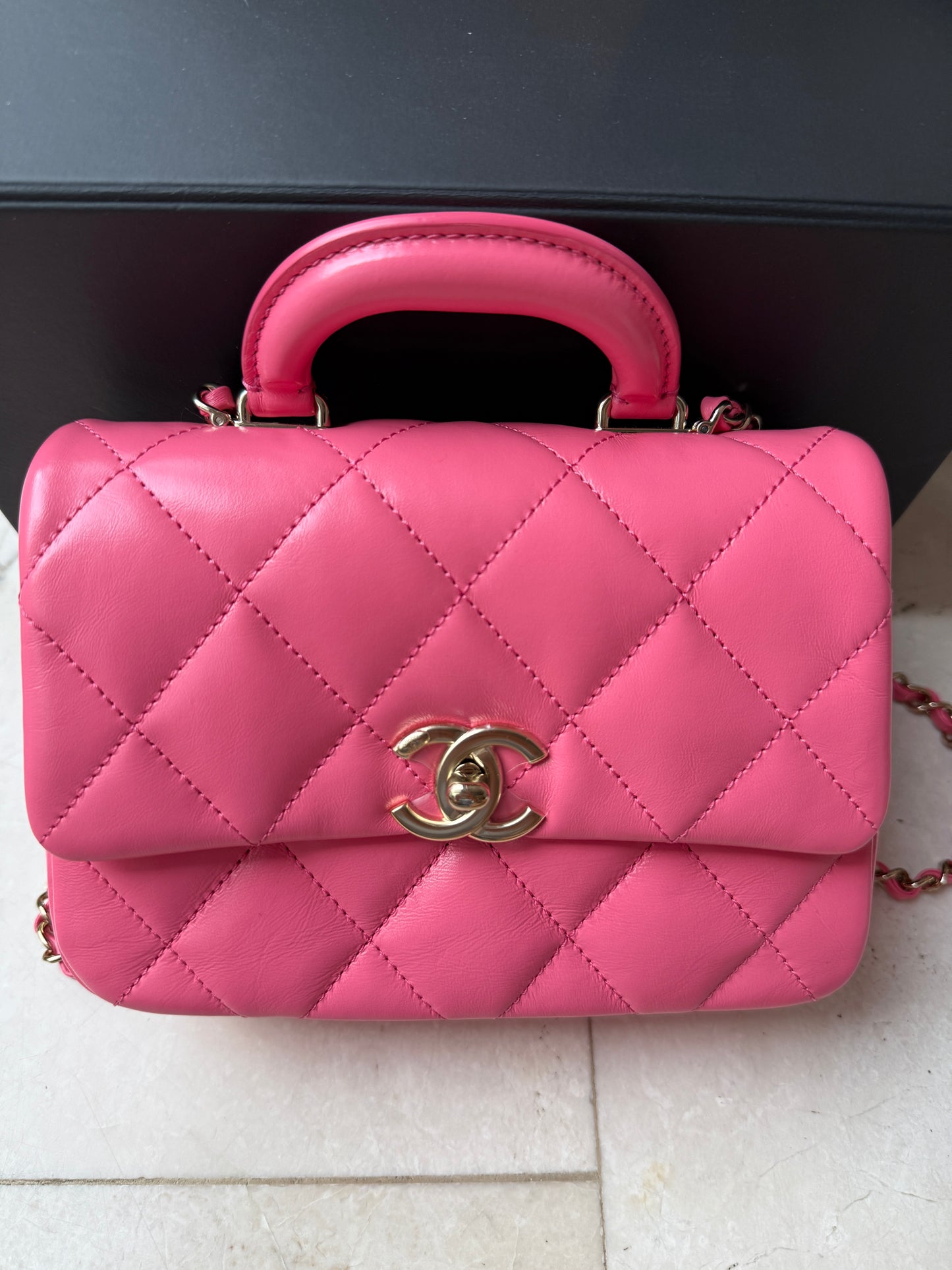 CHANEL 2024C PINK LEATHER MINI RECTANGULAR CROSSBODY TOP HANDLE BAG GOLD HW