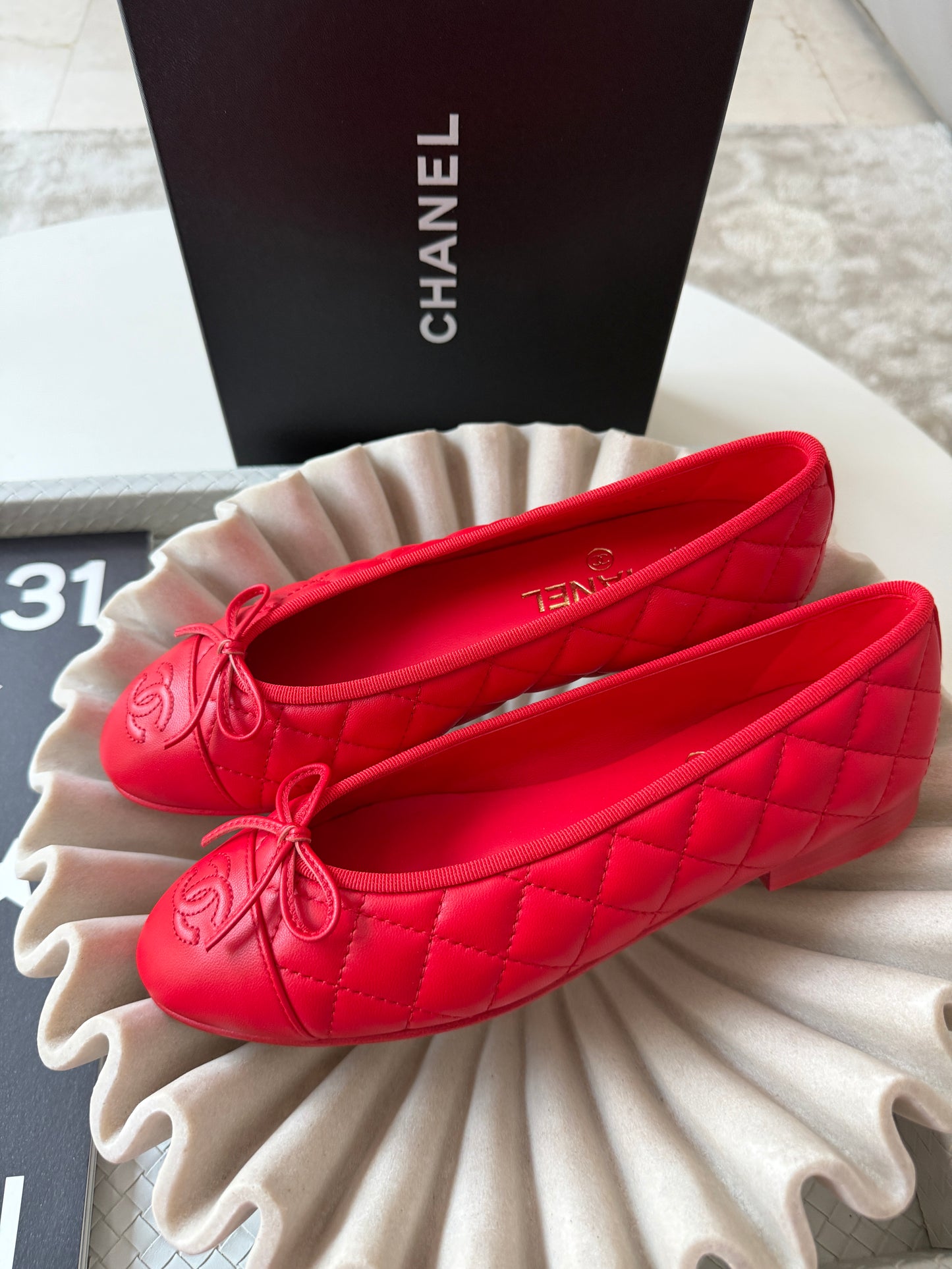 Chanel 26B Blazy Lambskin Leather Quilted Red Agneau Rouge CC Logo Ballet Ballerina Flats