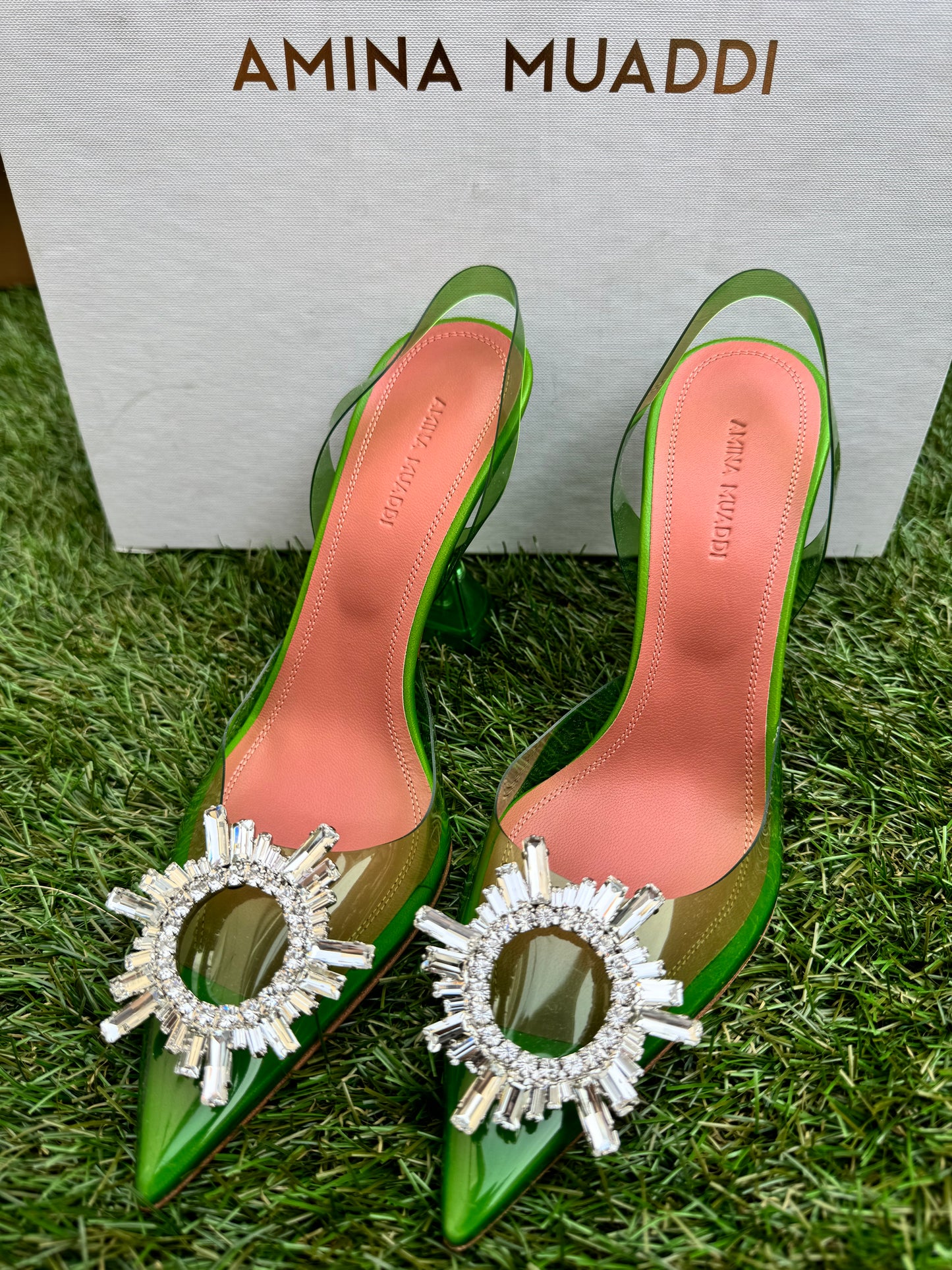 Amina Muaddi Begum Glass Jungle Green PVC Buckle Crystal Embellished Pumps Slingback Heel