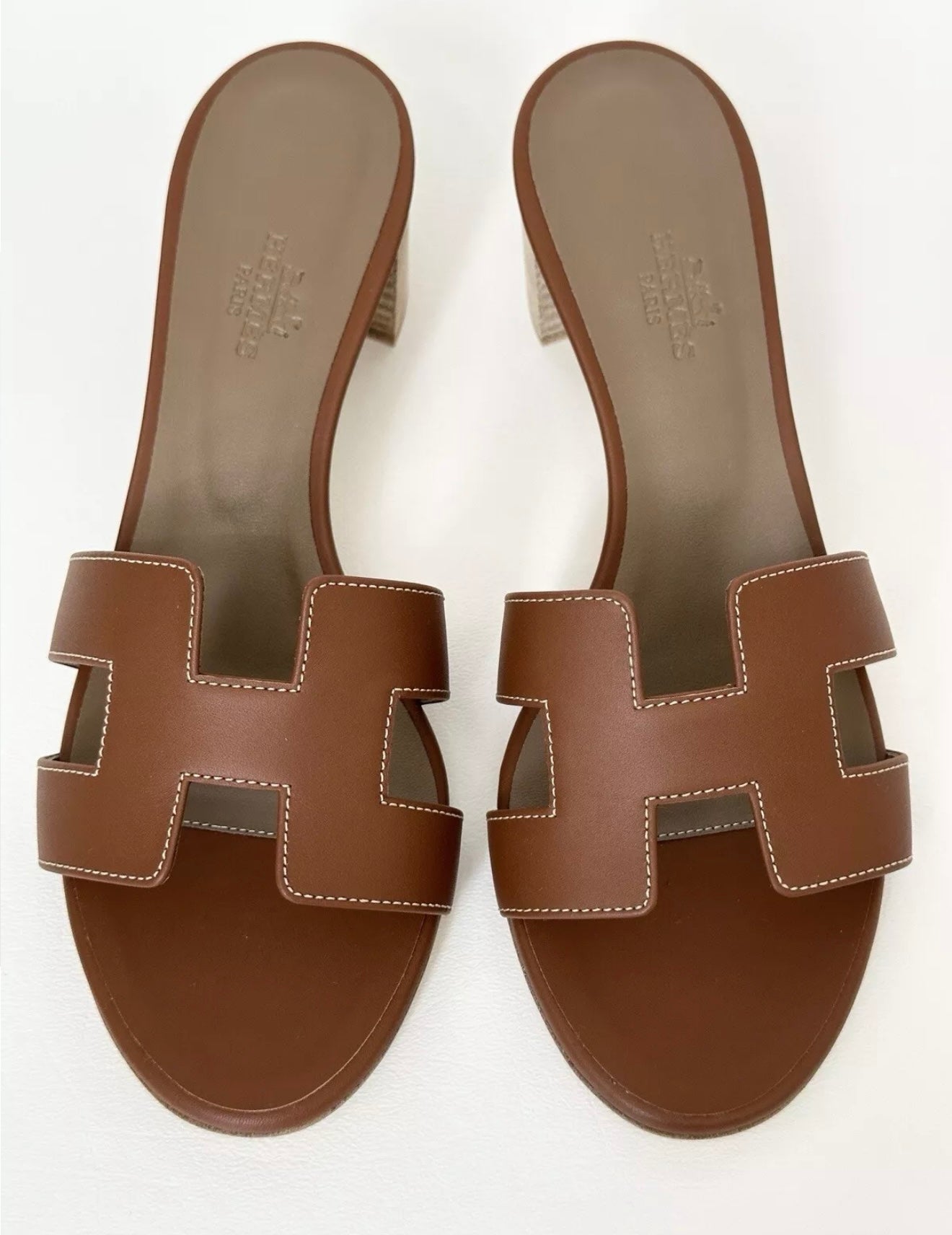 HERMES H OASIS SANDALS IN GOLD BROWN LEATHER SHOES MULES SLIDES HEELS