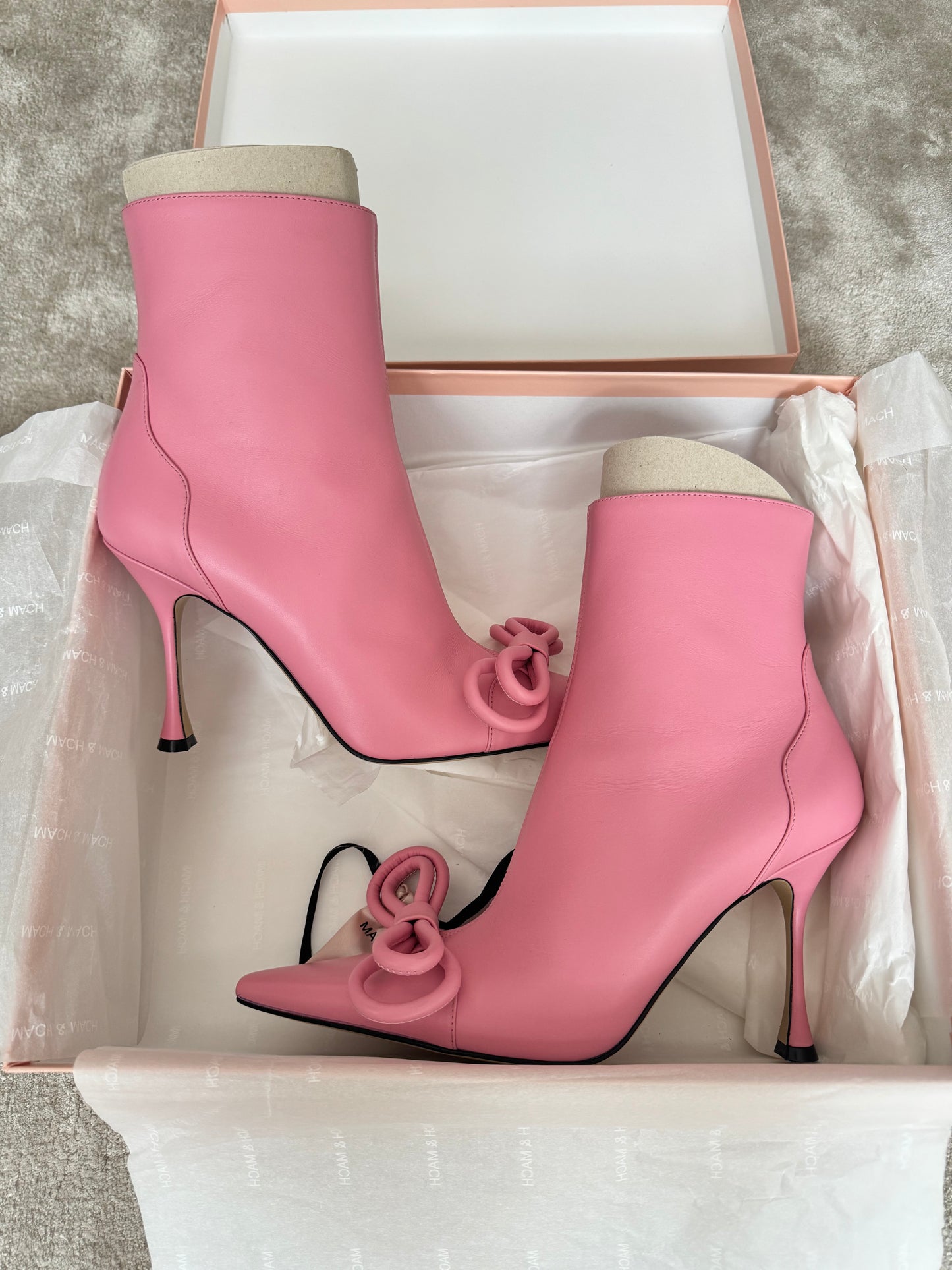 Mach & Mach Double Bow Pink Leather Pointed Toe Boots Booties