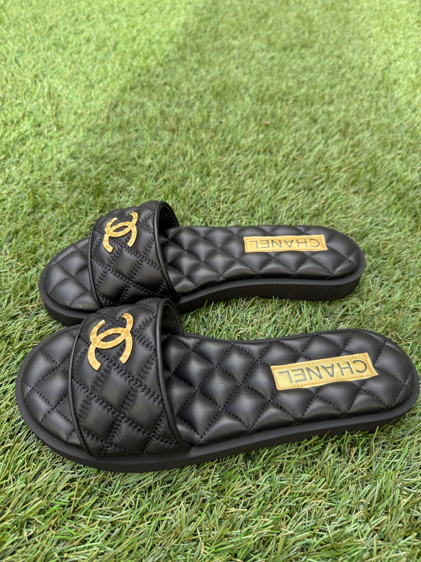 Chanel SS25 Black Leather Quilted CC Gold Tone Logo Sandals Slides Mules