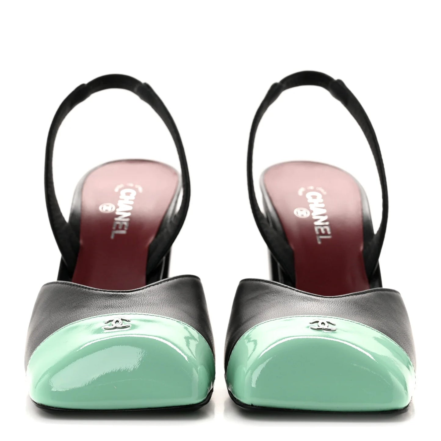 Chanel 26S Blazy Black Green Minty Square Cap Toe Sling CC Slingback Chunky Heel Pumps