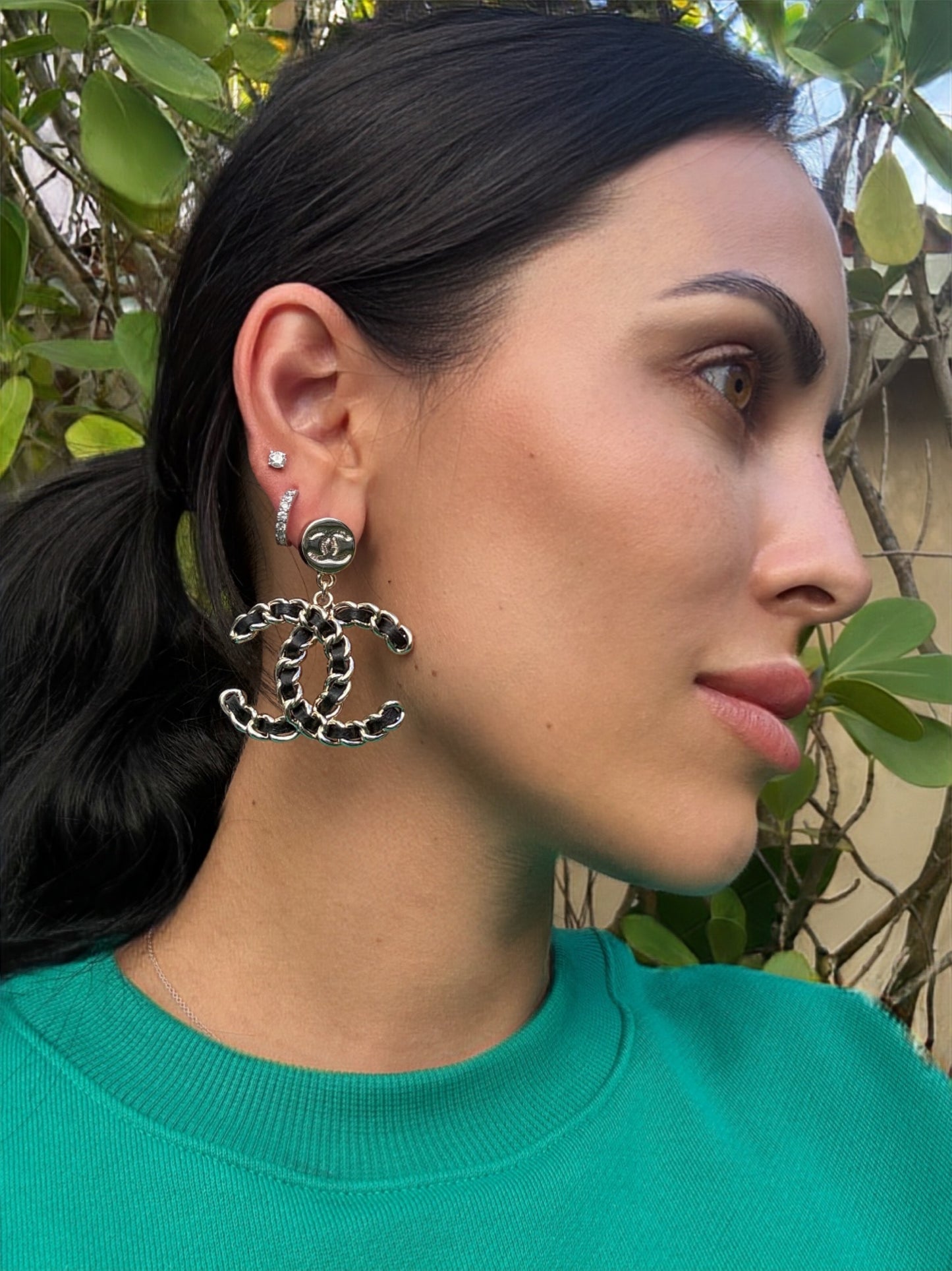 Chanel 25C CC Logo Gold Chain Metal Chained Black Leather Pendant Earrings Large