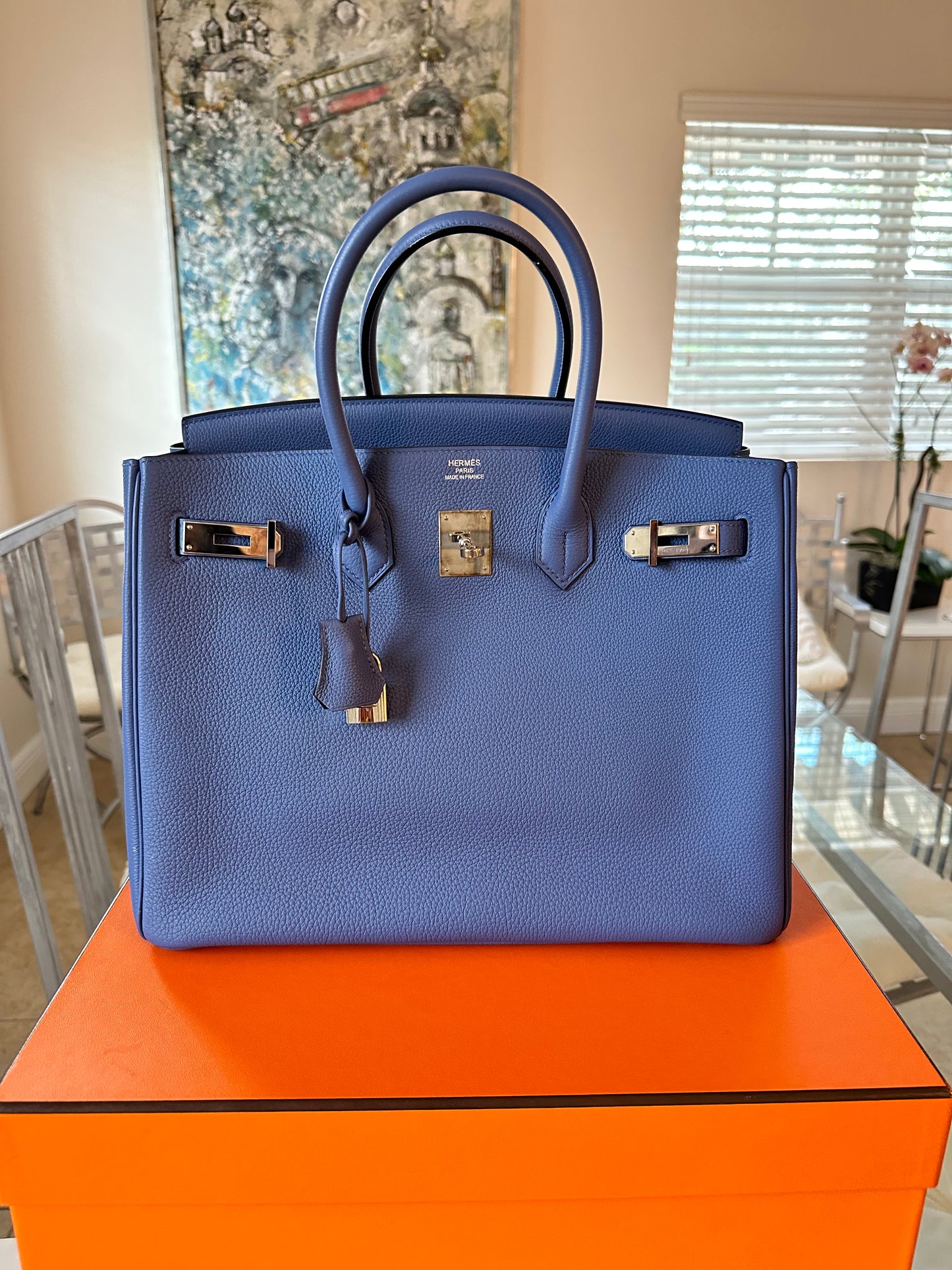 Hermes Birkin 35 Blue Bleau Brighton Togo Leather Palladium Hardware PHW Pre-Owned Bag Handbag