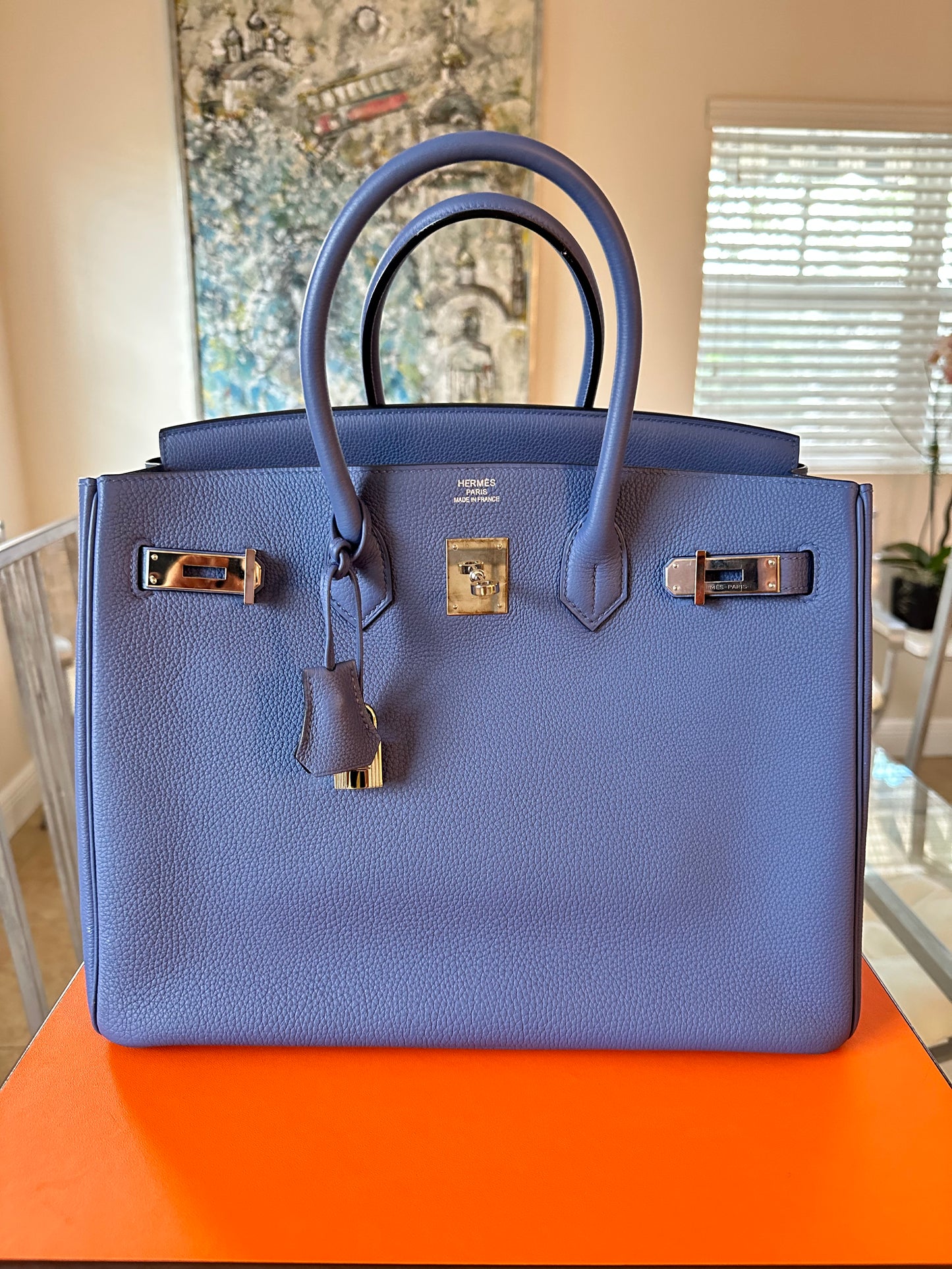 Hermes Birkin 35 Blue Bleau Brighton Togo Leather Palladium Hardware PHW Pre-Owned Bag Handbag