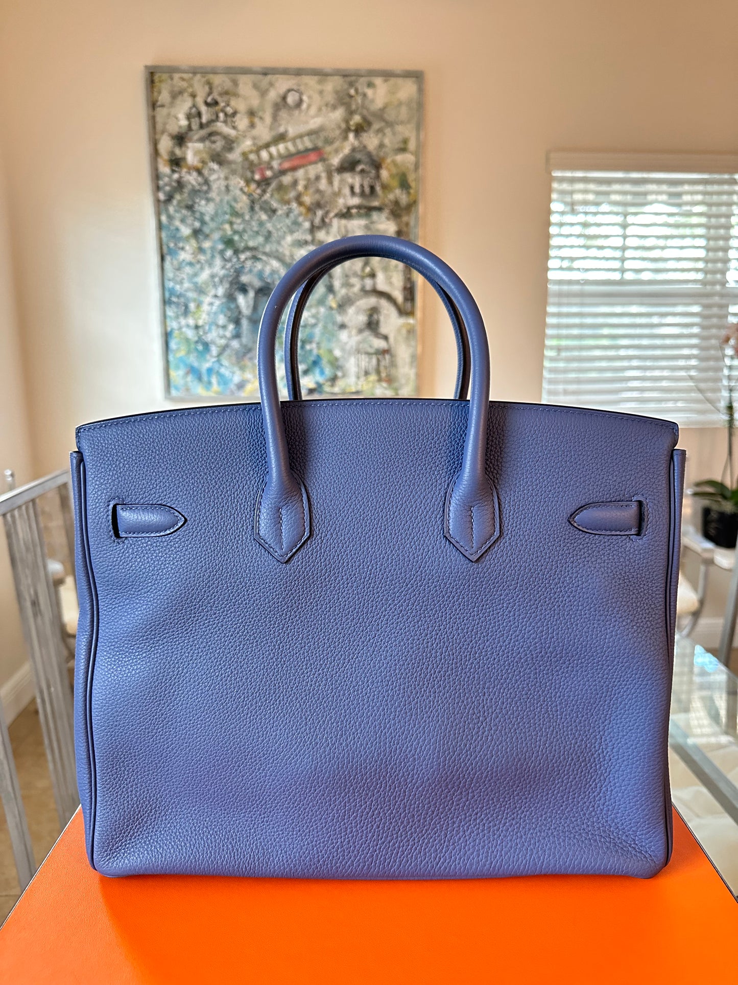 Hermes Birkin 35 Blue Bleau Brighton Togo Leather Palladium Hardware PHW Pre-Owned Bag Handbag