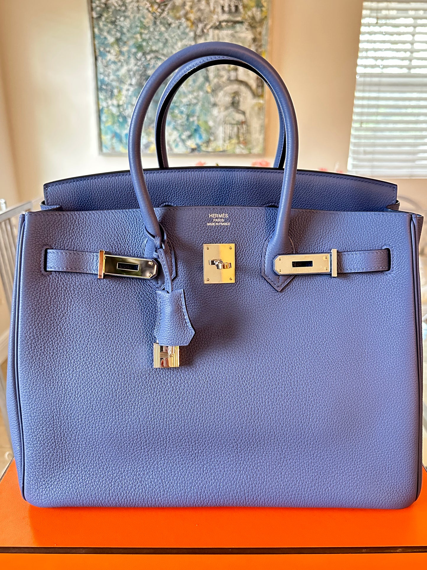 Hermes Birkin 35 Blue Bleau Brighton Togo Leather Palladium Hardware PHW Pre-Owned Bag Handbag