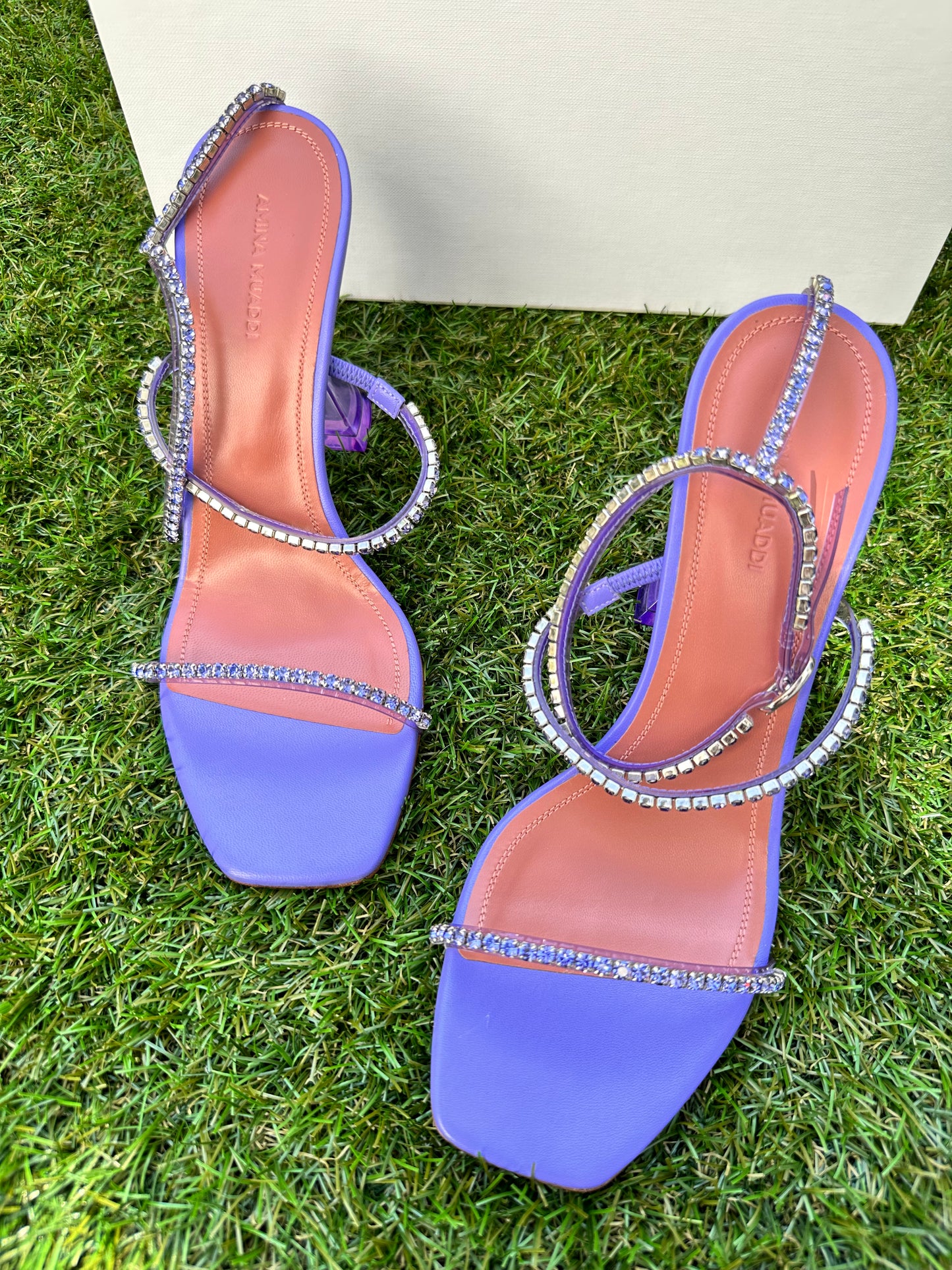 Amina Muaddi Gilda 95 Crystal Embellished Clear PVC Plastic Heels Lilac Purple