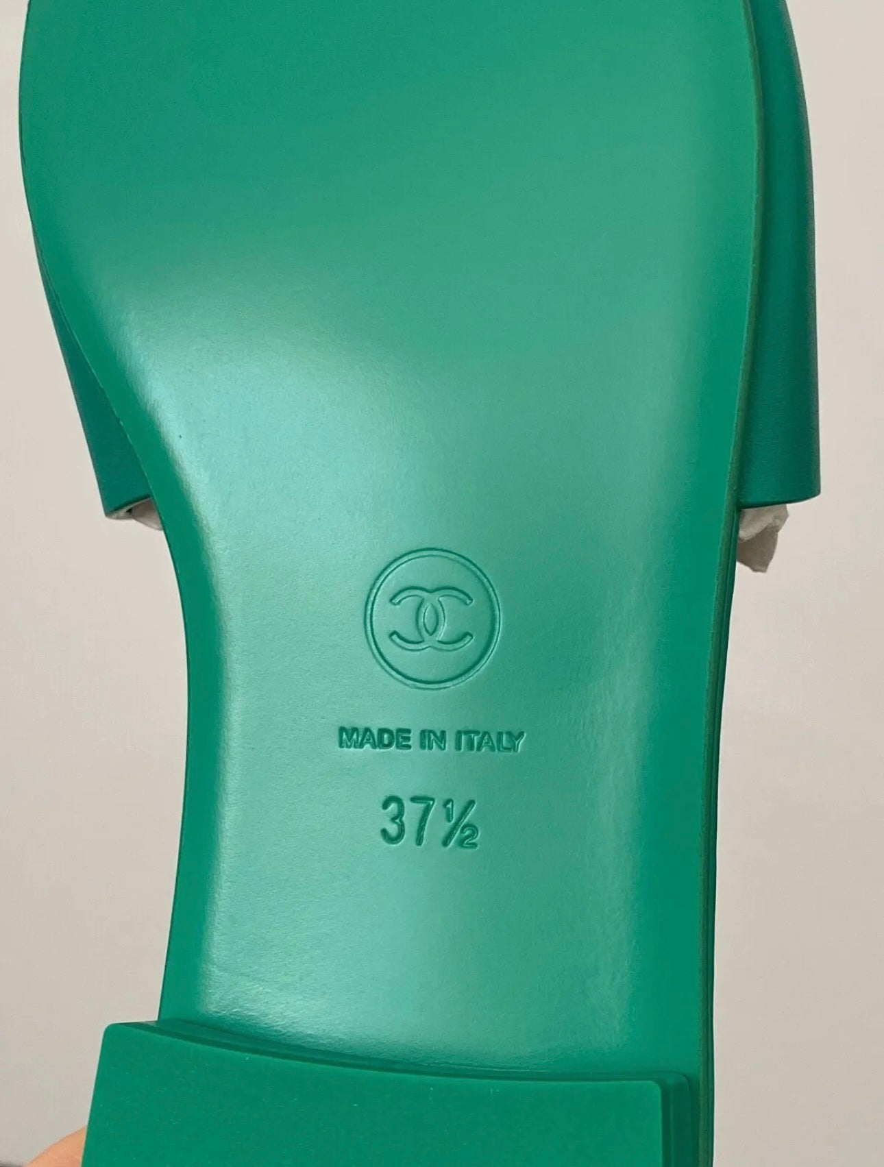 CHANEL CHA NEL LOGO GREEN LEATHER FLAT SHOES SLIDES MULES