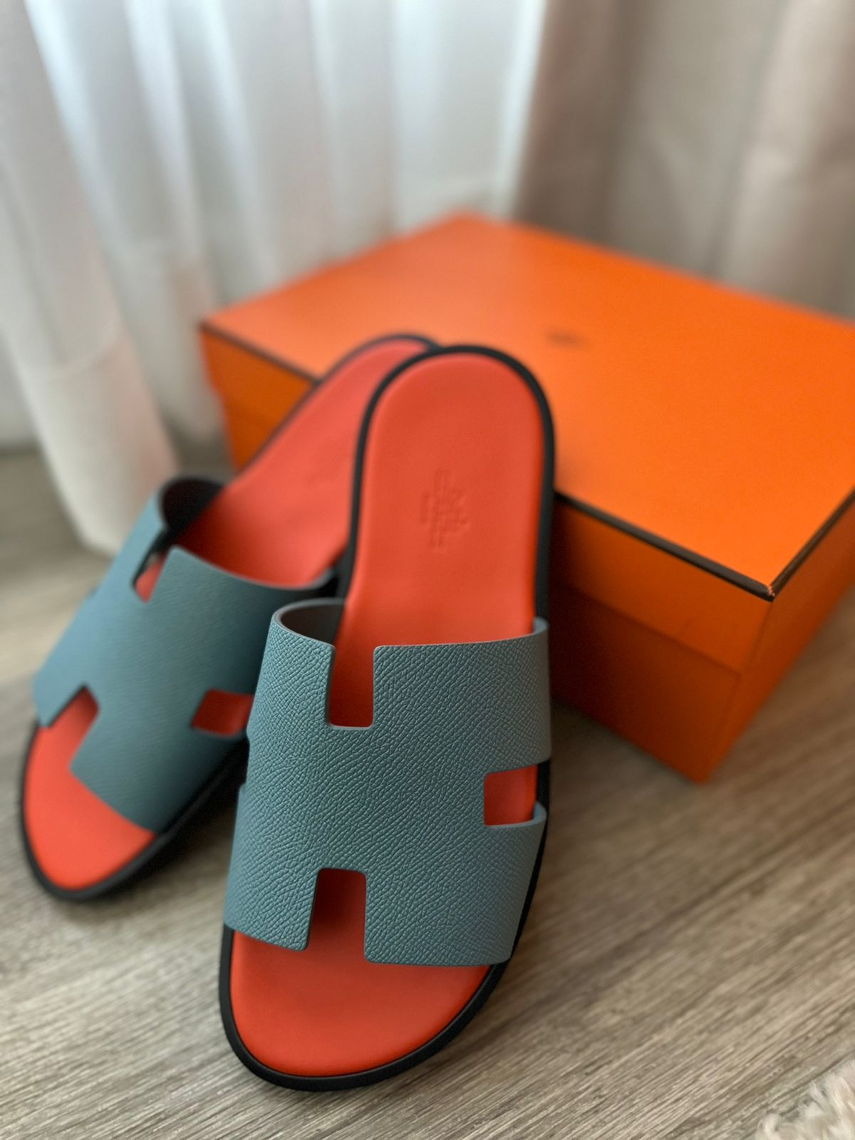 HERMES H IZMIR EPSOM LEATHER BLEU BLEUET ORANGE SANDALS SHOES SLIDES