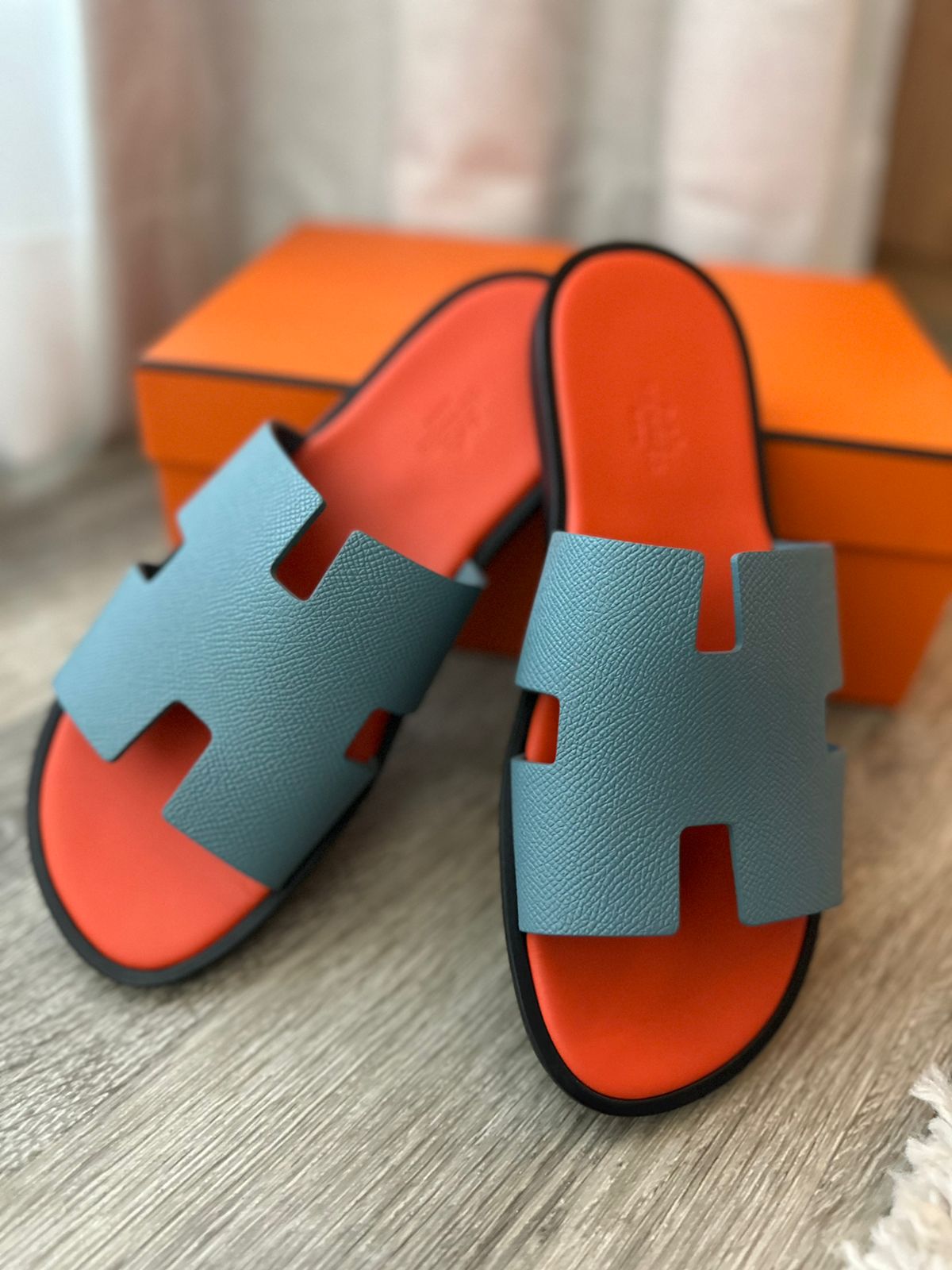 HERMES H IZMIR EPSOM LEATHER BLEU BLEUET ORANGE SANDALS SHOES SLIDES