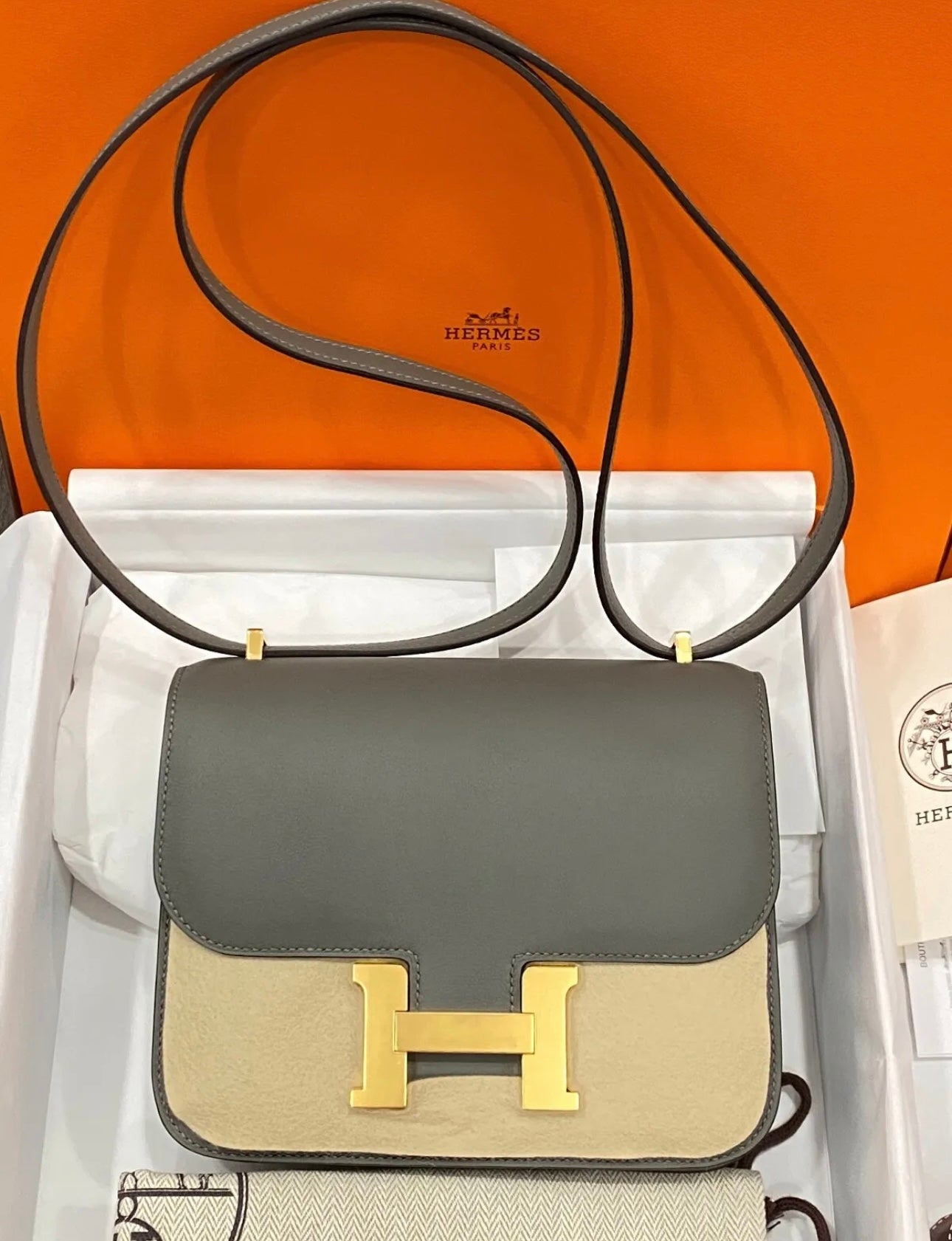 Hermès CONSTANCE 18 MINI MIRROR GRAY GRIS MEYER VEAU SWIFT LEATHER BAG GHW