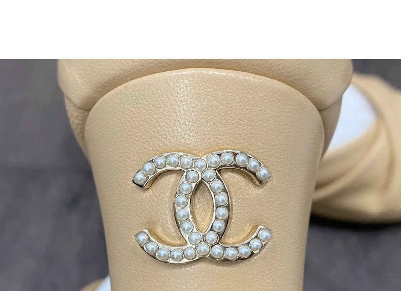 CHANEL BEIGE LEATHER PEARL CC LOGO HEELS SANDALS SHOES