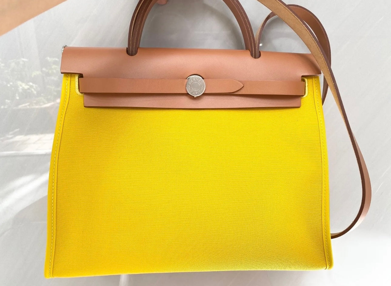 Hermès HERBAG 31 YELLOW JAUNE DE NAPLES CANVAS NATUREL LEATHER BAG Palladium HW