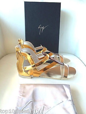 GIUSEPPE ZANOTTI METALLIC FLAT GLADIATOR GOLD SILVER SANDALS SHOES