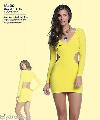 BLVD COLLECTION LONG SLEEVES MINI SUNNY V NECK CUTOUT YELLOW DRESS FORPLAY SMALL