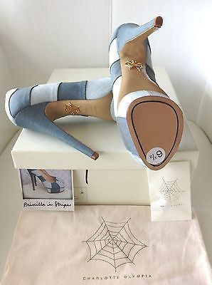 CHARLOTTE OLYMPIA PRISCILLA IN STRIPES BLUE LINEN PLATFORM SHOES PUMPS