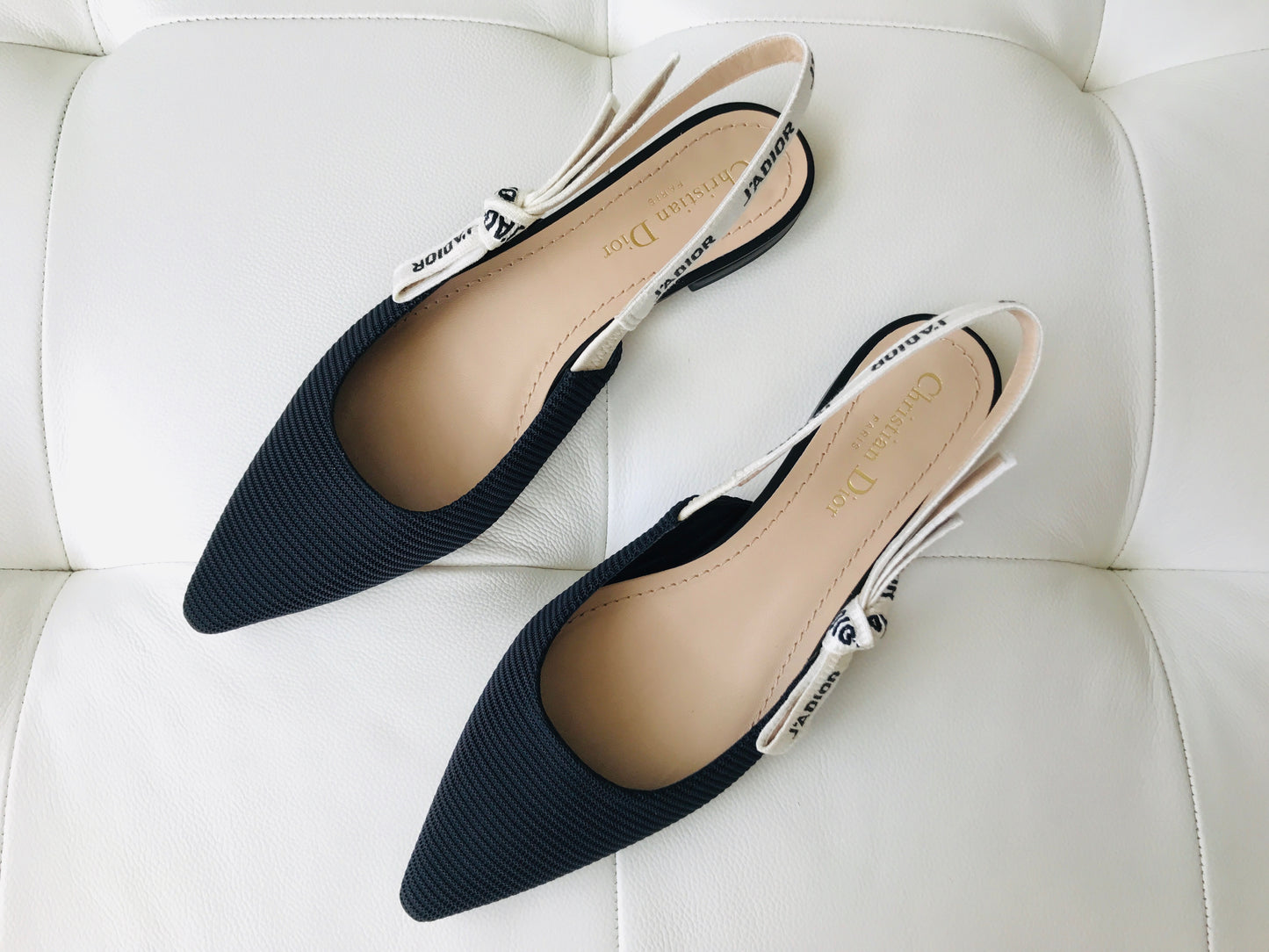 DIOR J'ADIOR Black Fabric Textured Technical Canvas Slingback Flats Shoes