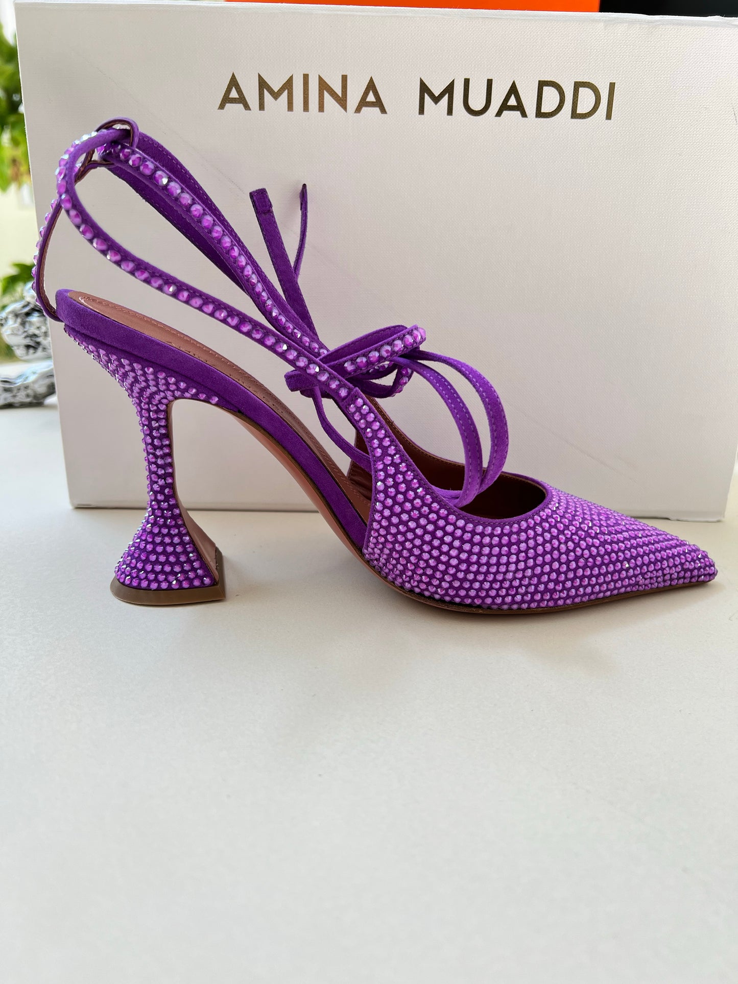 Amina Muaddi Karma Suede Crystal Embellished Lace Up Pumps Violet