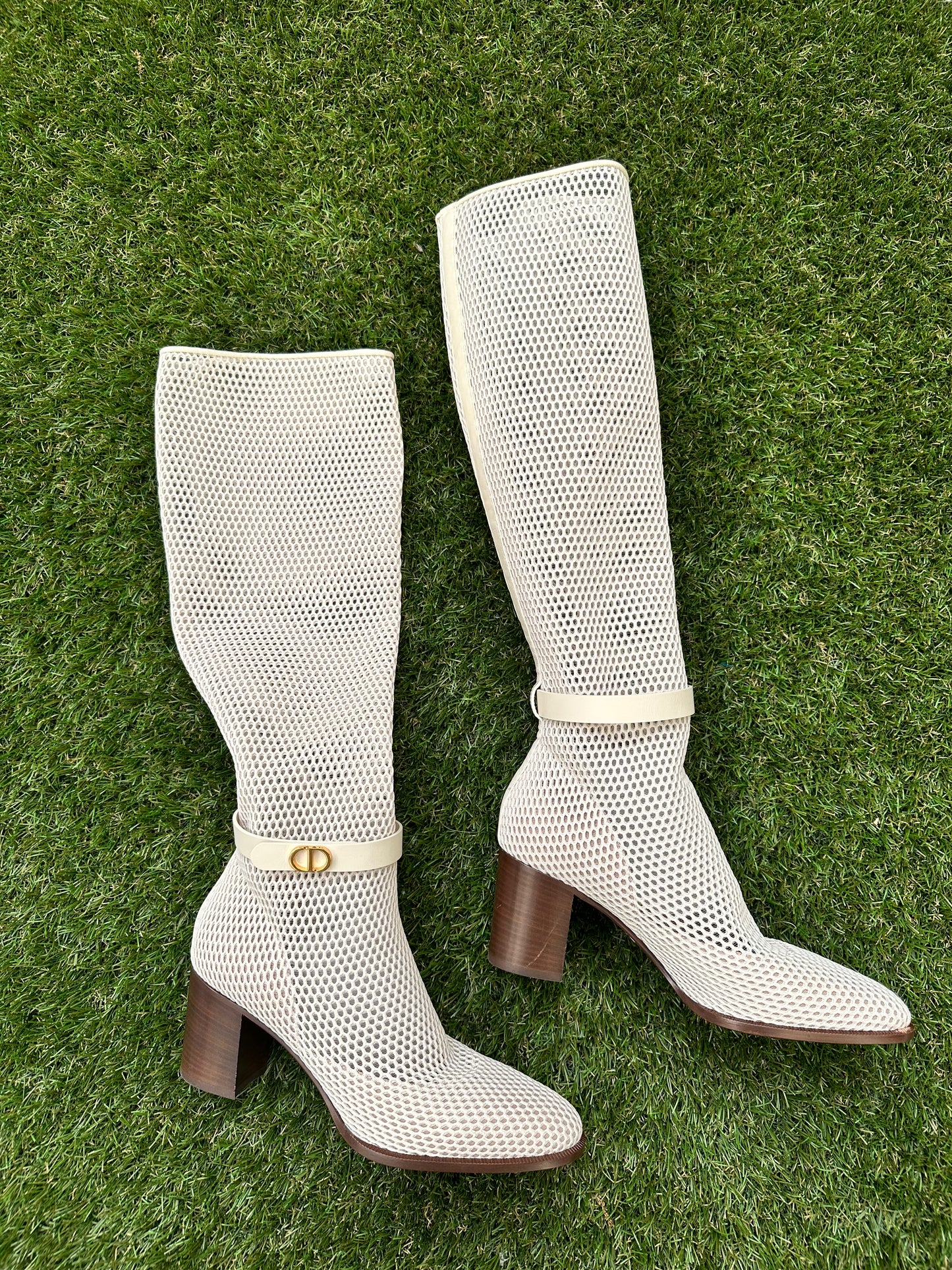 Dior Empreinte Montaigne 70 mm Off White Knee High Pull On Caged Boots