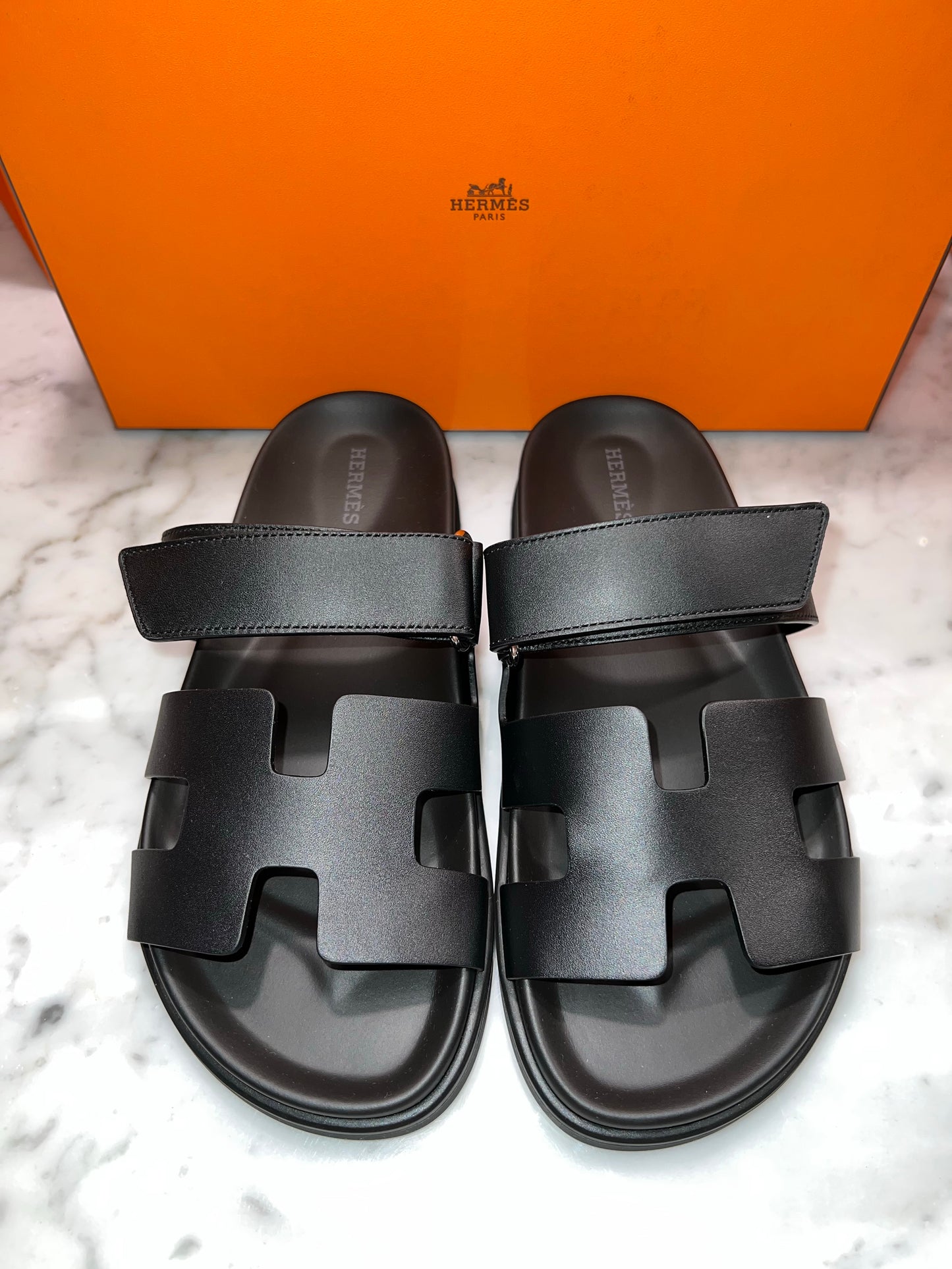 HERMES H CHYPRE BLACK CALFSKIN LEATHER SANDALS SHOES FLAT SLIDES