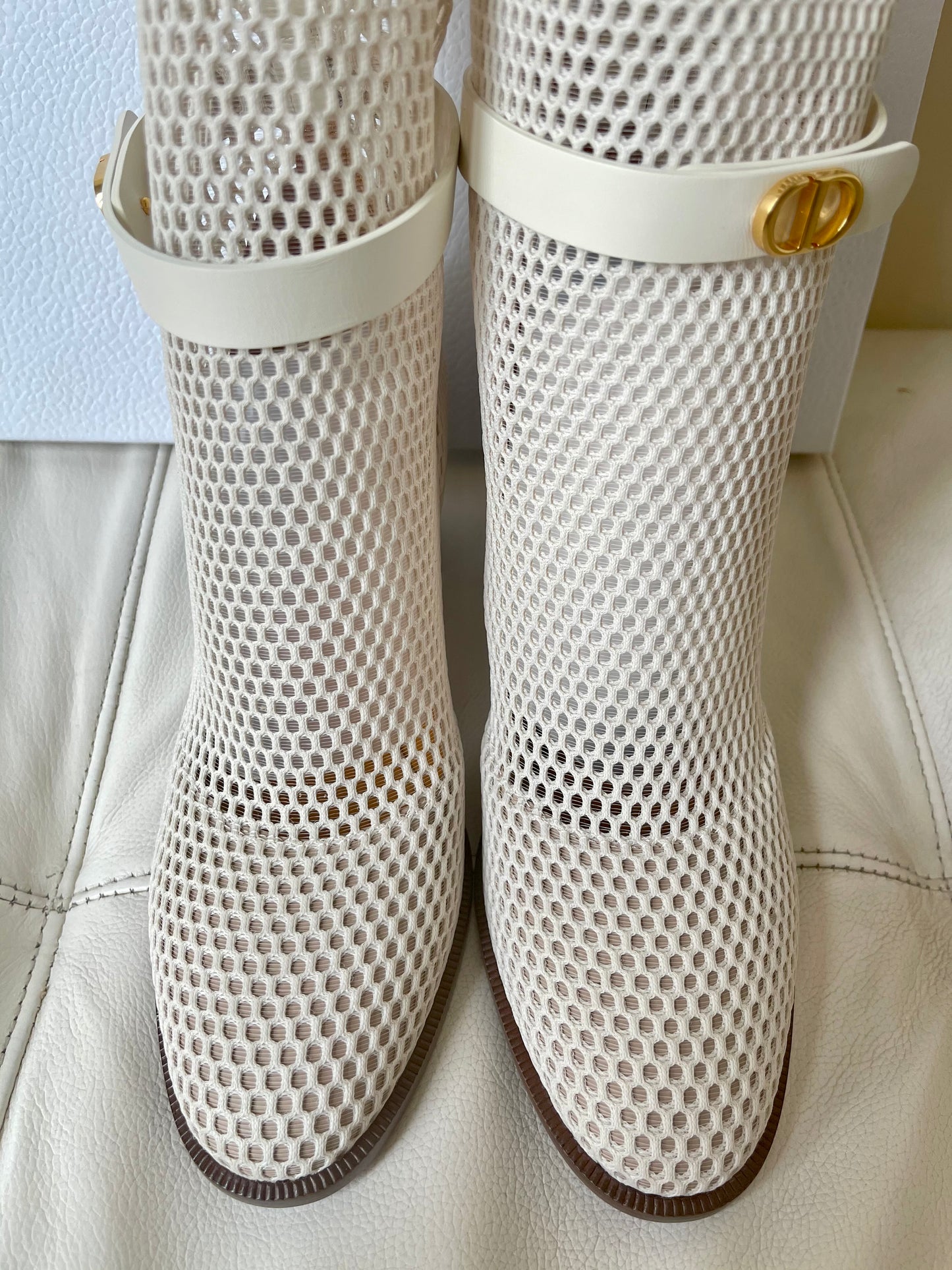 Dior Empreinte Montaigne 70 mm Off White Knee High Pull On Caged Boots