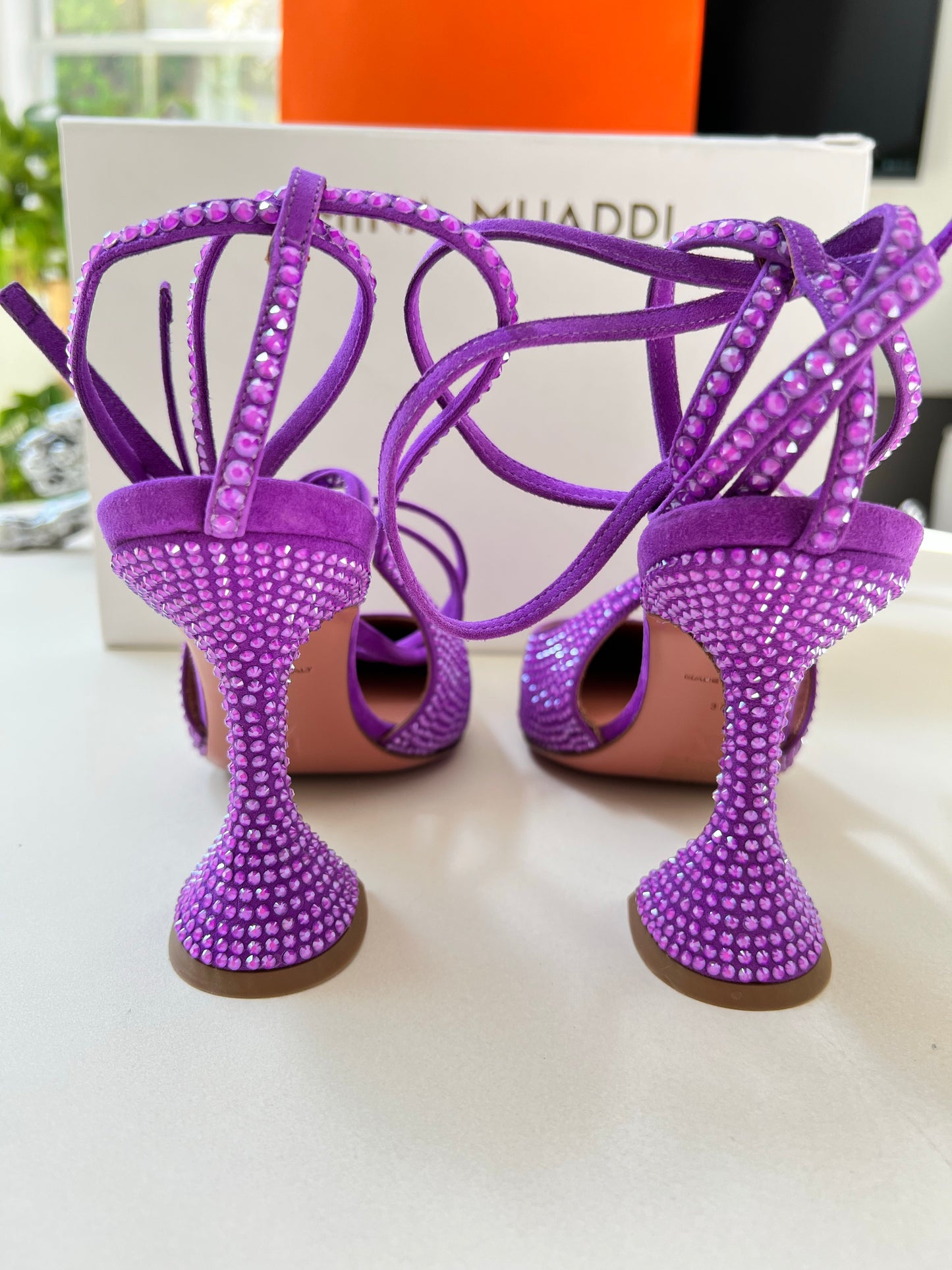 Amina Muaddi Karma Suede Crystal Embellished Lace Up Pumps Violet