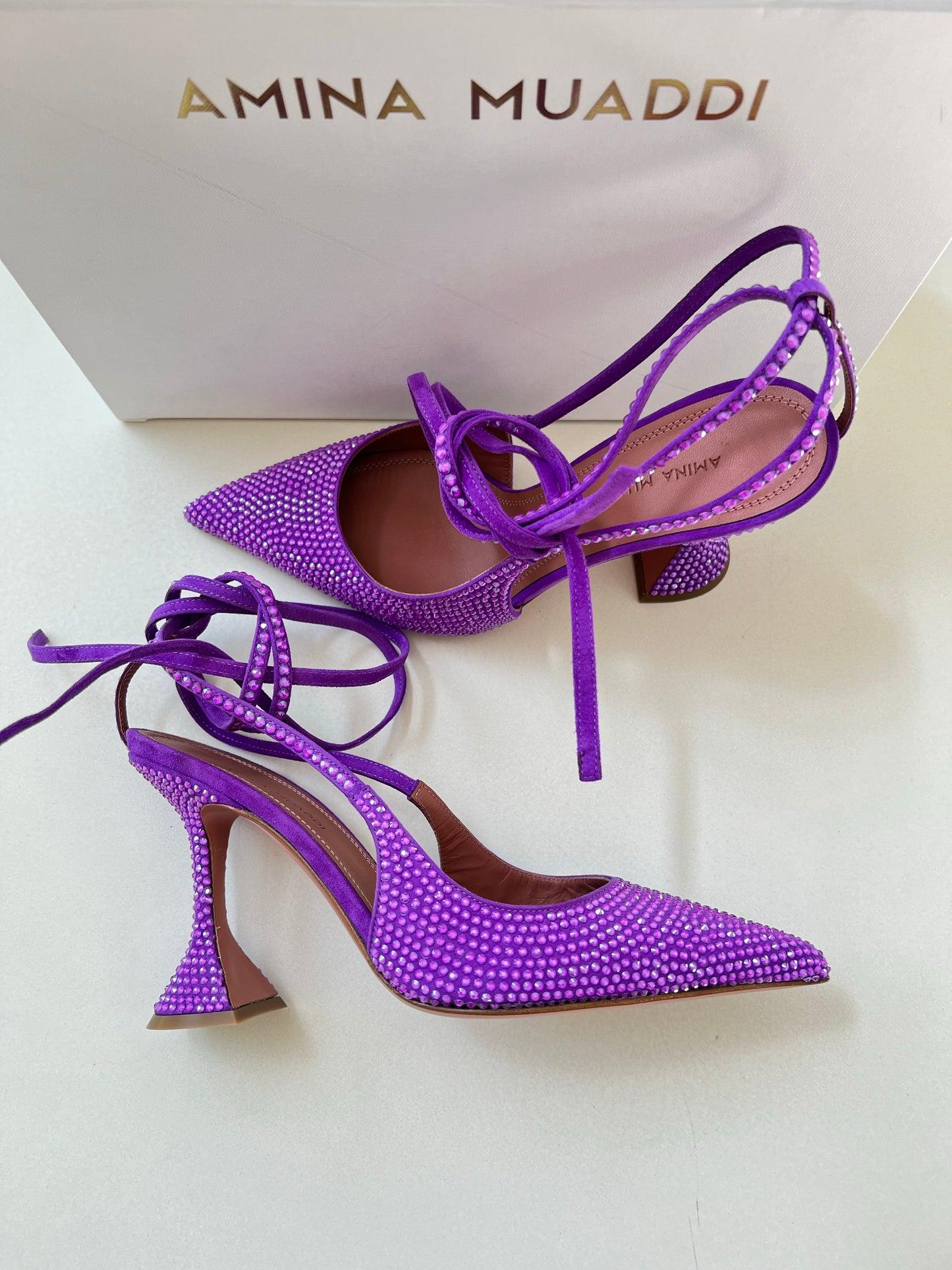 Amina Muaddi Karma Suede Crystal Embellished Lace Up Pumps Violet