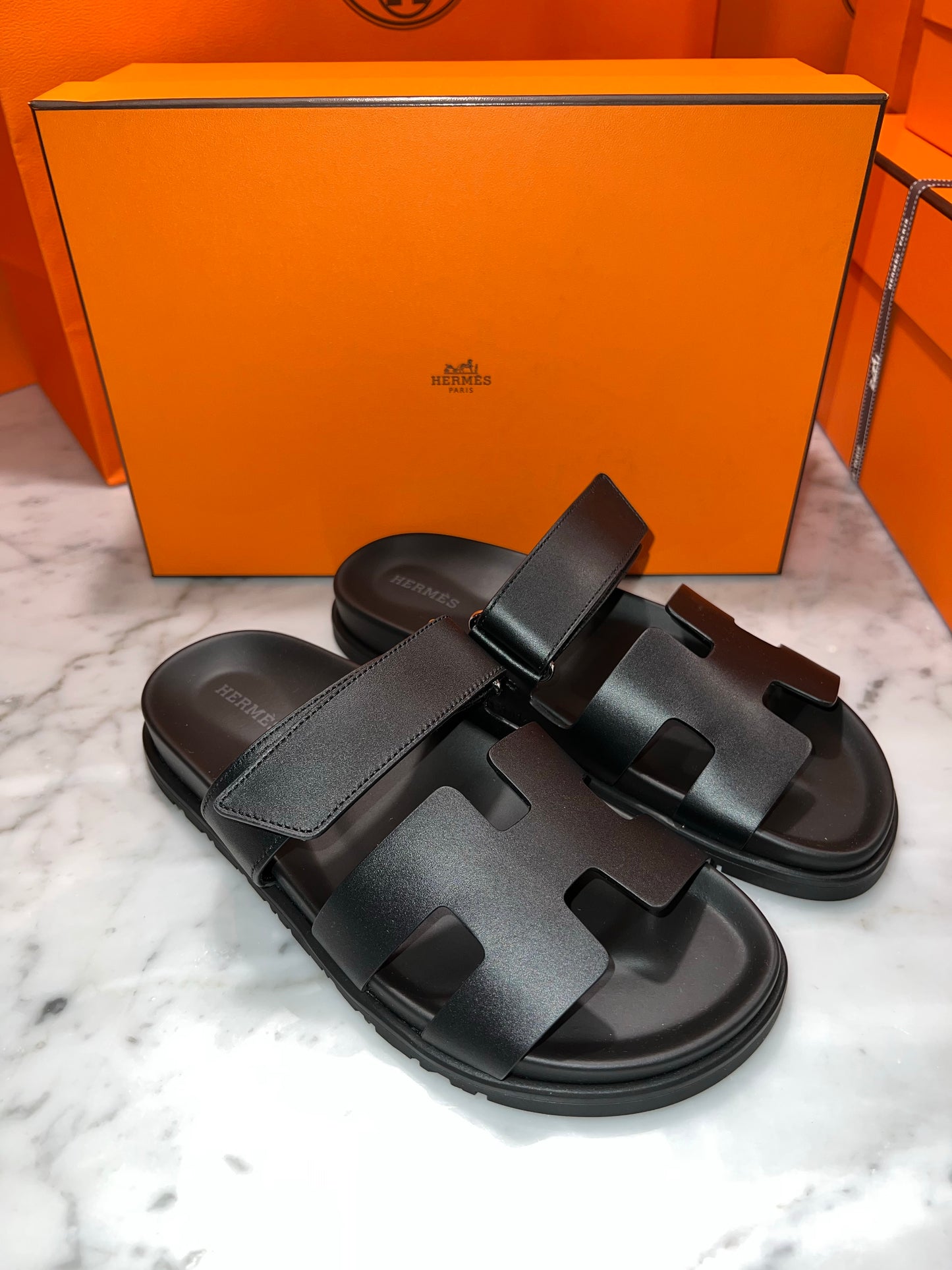 HERMES H CHYPRE BLACK CALFSKIN LEATHER SANDALS SHOES FLAT SLIDES