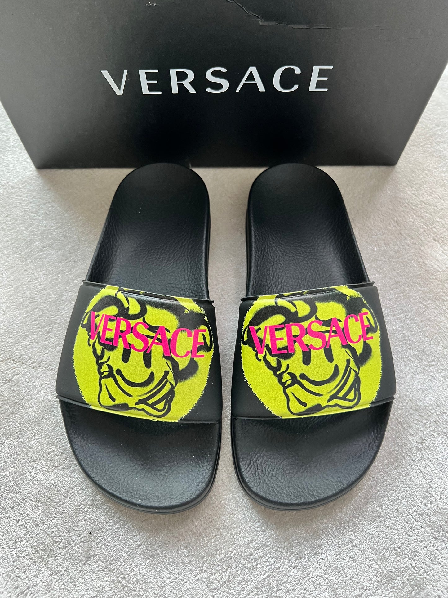 Versace Medusa Smiley Face Black Yellow Pool Slides Sandals