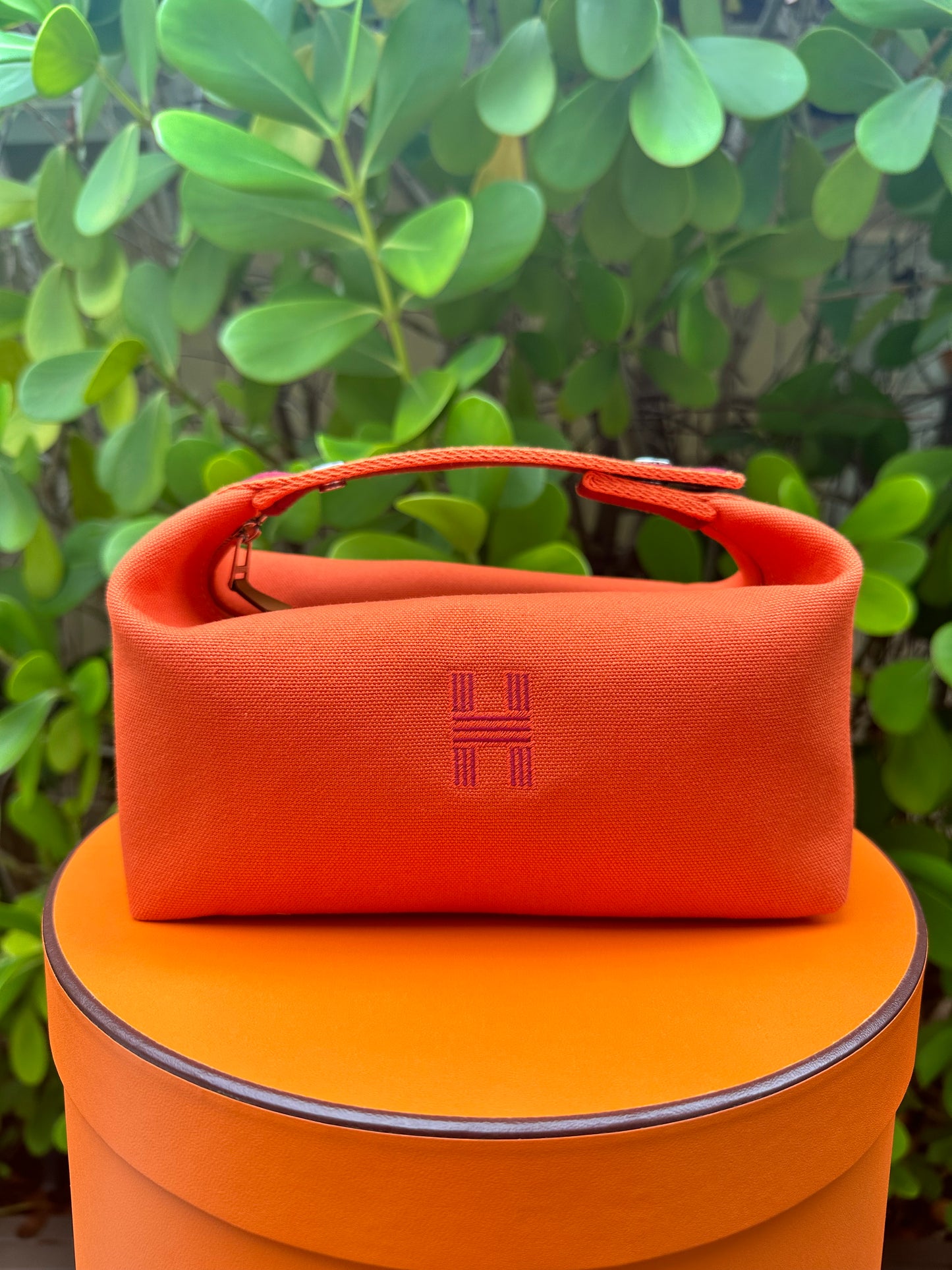 Hermes Bride-A-Brac Case PM Canvas Orange Burgundy Strap Pouch Small Model