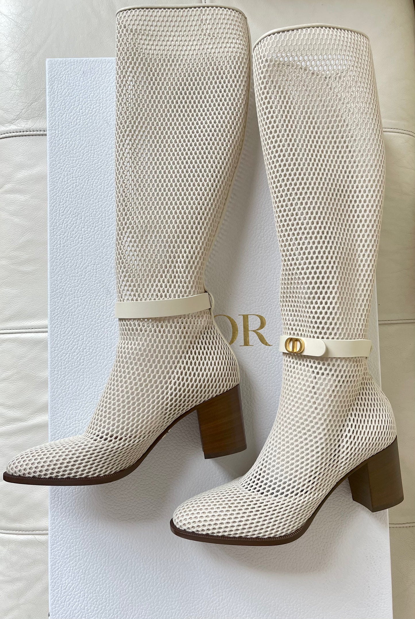 Dior Empreinte Montaigne 70 mm Off White Knee High Pull On Caged Boots