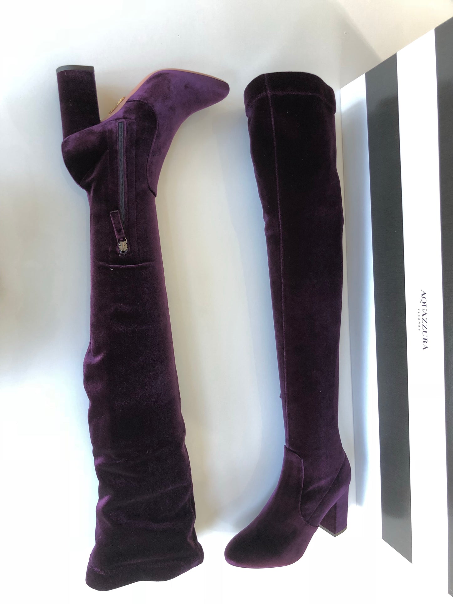 AQUAZZURA VELVET 85 THIGH HIGH  PURPLE SO ME ZIP OVER KNEE BOOT BOOTS