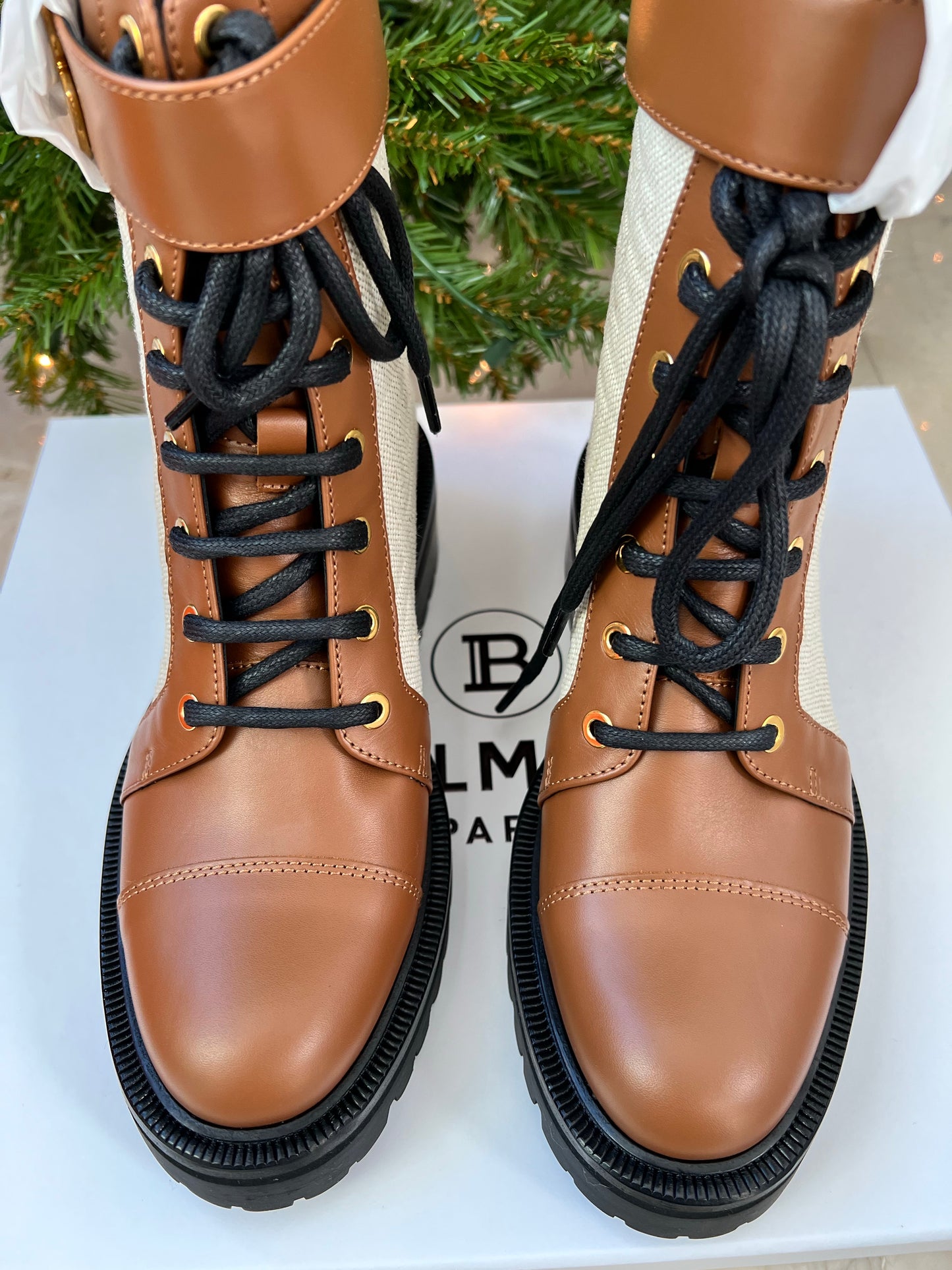 Balmain Ranger Romy Monogram Combat Brown Buckle Ankle Booties Boots