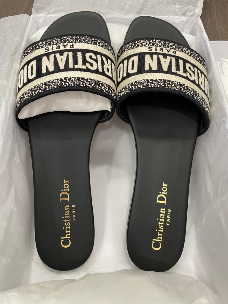Dior Dway Black Fabric Slides Sandals Logo