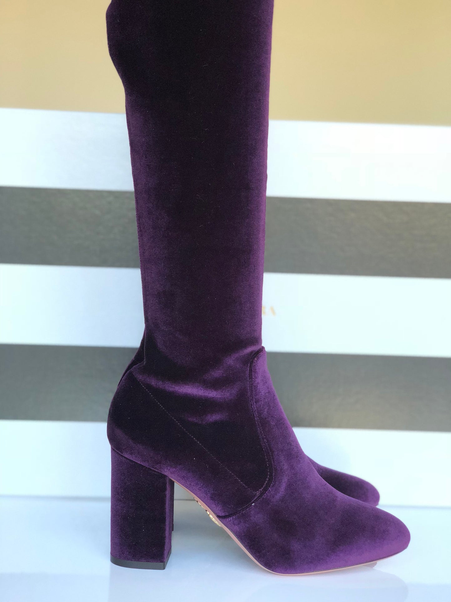 AQUAZZURA VELVET 85 THIGH HIGH PURPLE SO ME ZIP OVER KNEE BOOT BOOTS