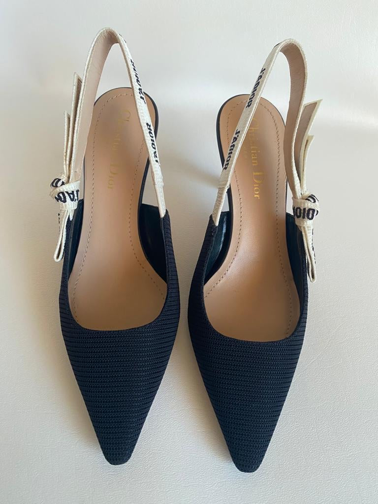 CHRISTIAN DIOR J'ADIOR FABRIC & RIBBON BLACK NOIR SHOES SLINGBACK LOW HEEL