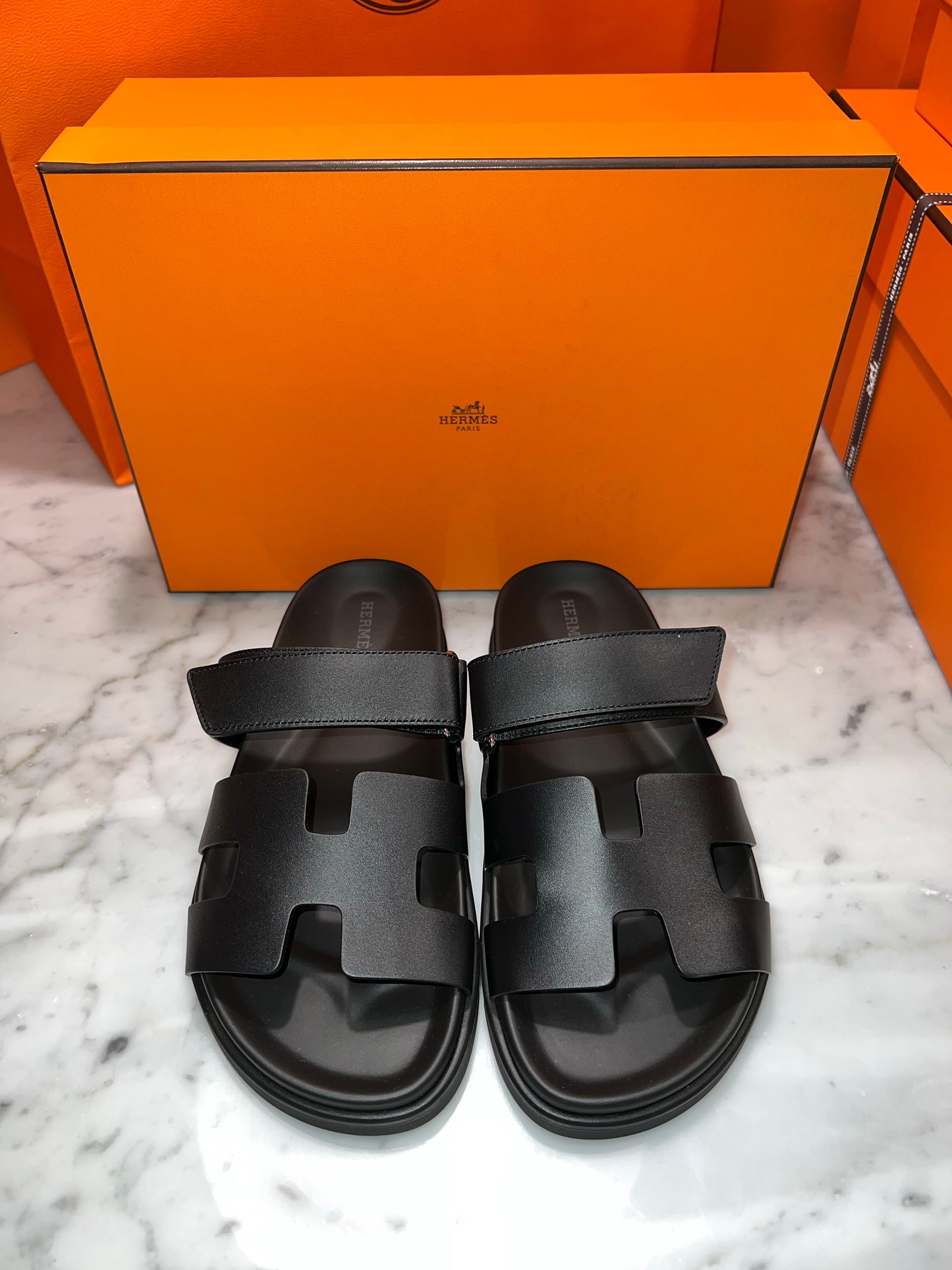 HERMES H CHYPRE BLACK CALFSKIN LEATHER SANDALS SHOES FLAT SLIDES