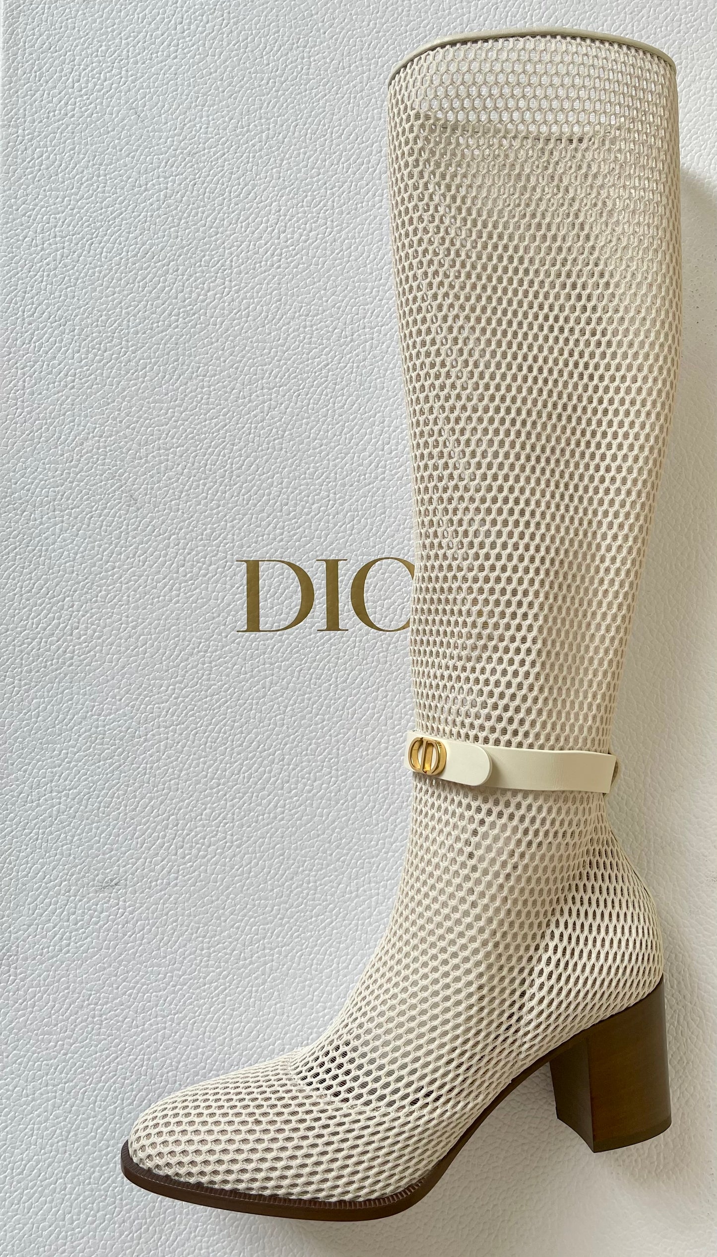 Dior Empreinte Montaigne 70 mm Off White Knee High Pull On Caged Boots