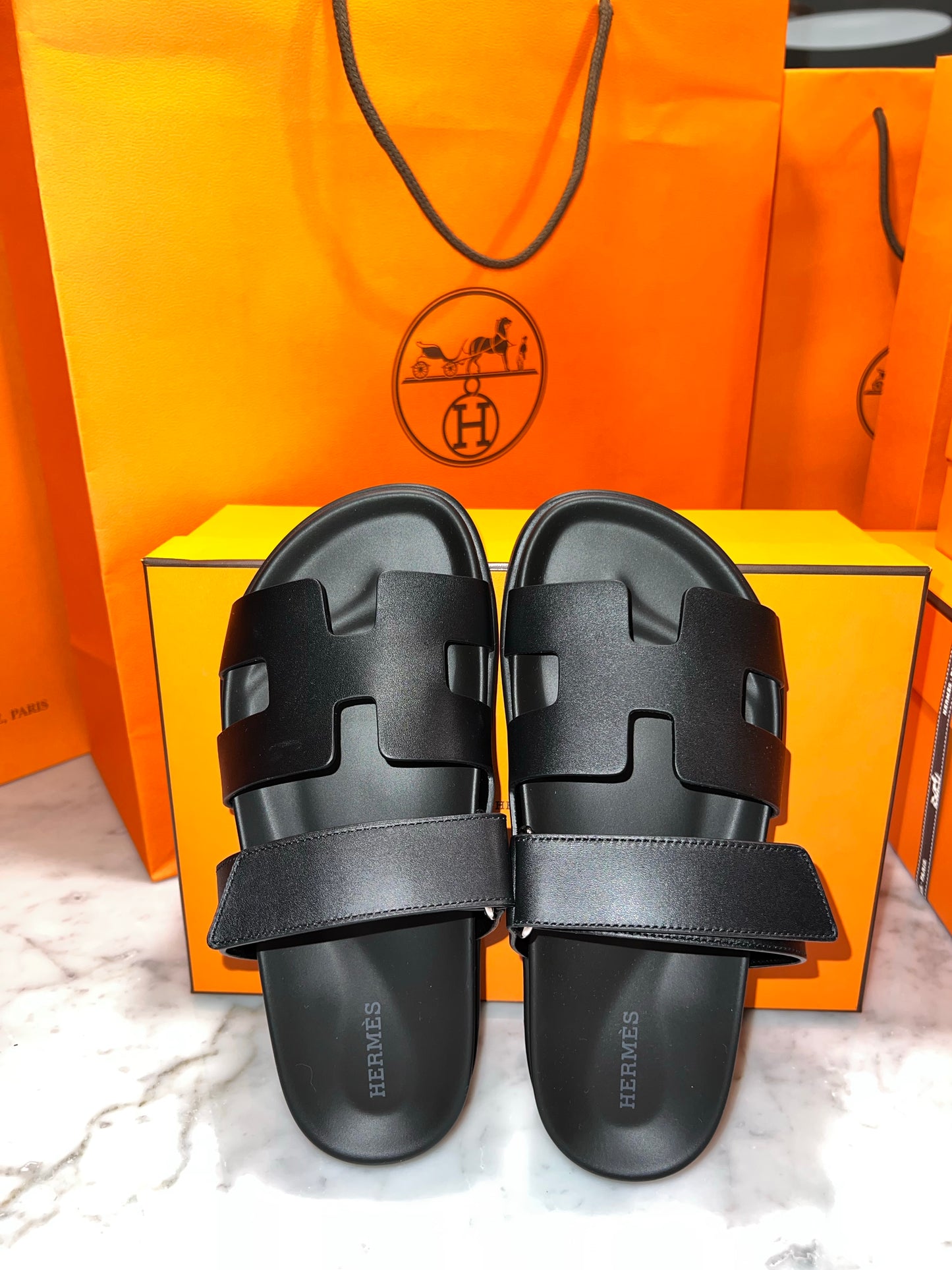 HERMES H CHYPRE BLACK CALFSKIN LEATHER SANDALS SHOES FLAT SLIDES