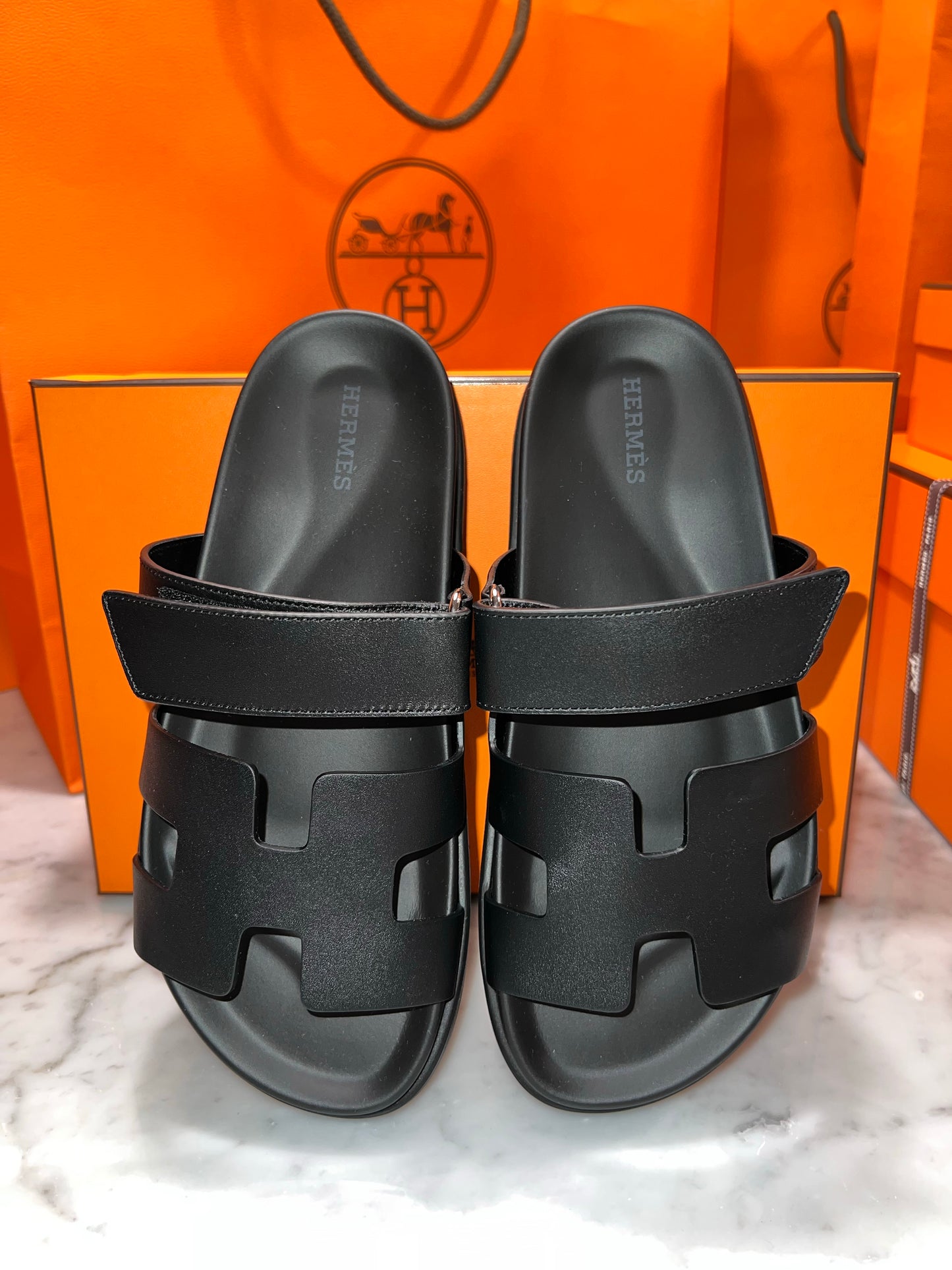 HERMES H CHYPRE BLACK CALFSKIN LEATHER SANDALS SHOES FLAT SLIDES