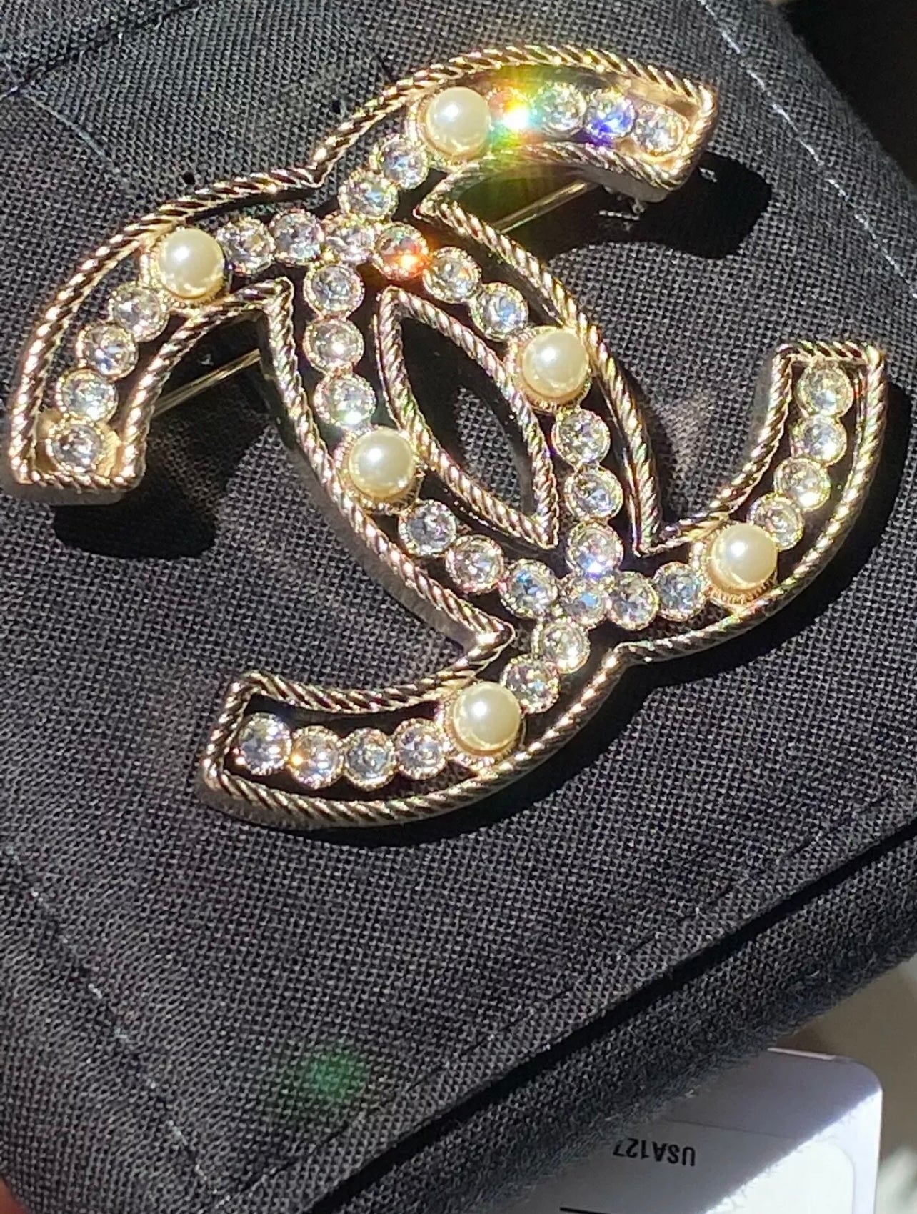 CHANEL CLASSIC GOLD LARGE BIG CC LOGO PEARLS CRYSTALS BROOCH PIN