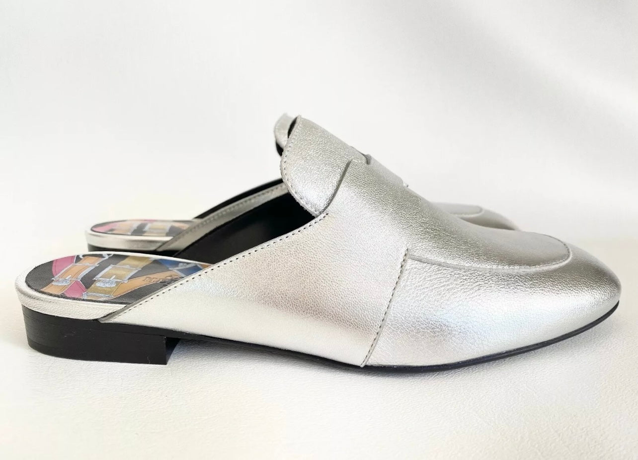 HERMES H CATENA SILVER LEATHER MULES FLIP FLOPS SHOES FLAT SLIDES