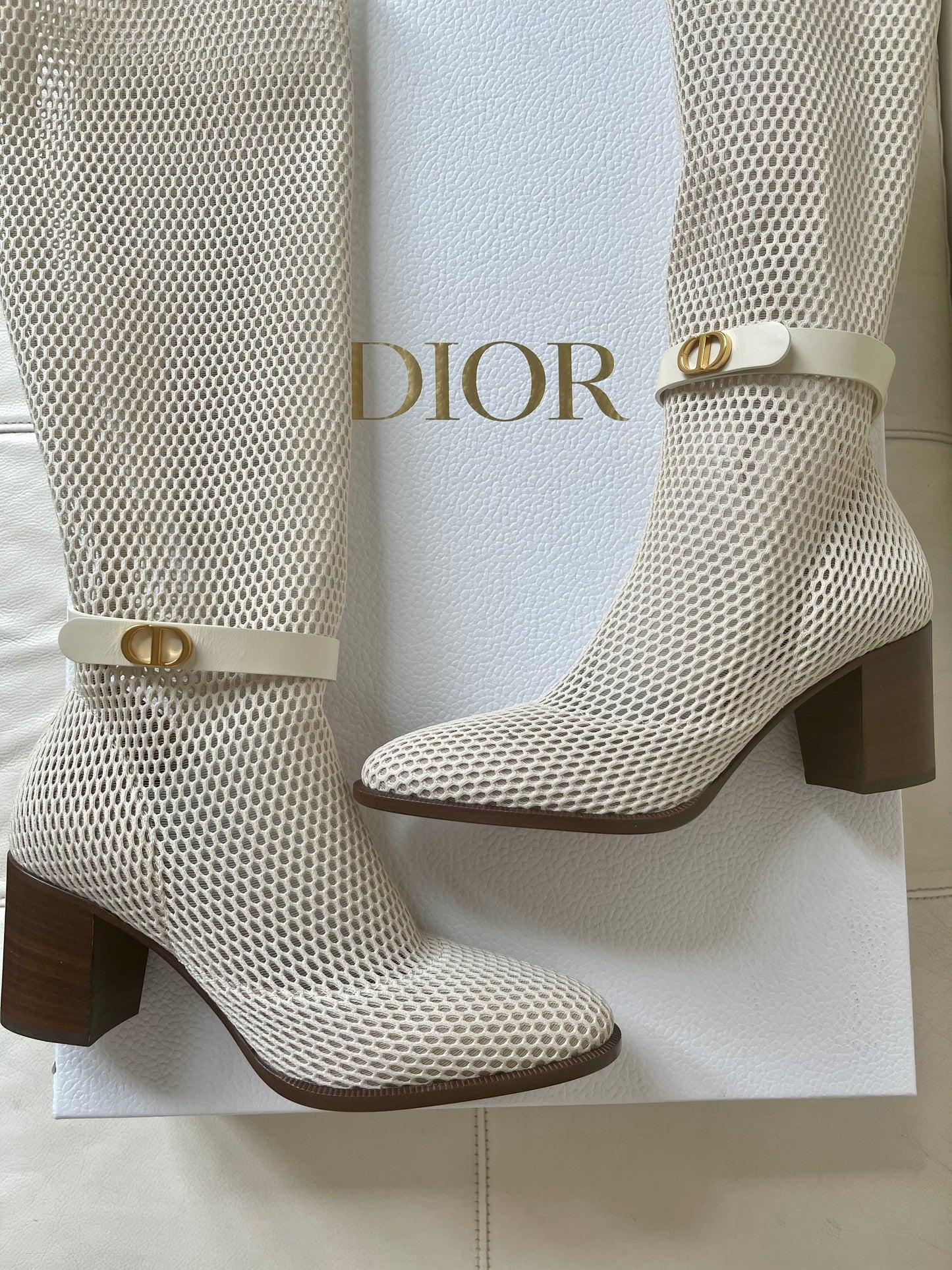 Dior Empreinte Montaigne 70 mm Off White Knee High Pull On Caged Boots