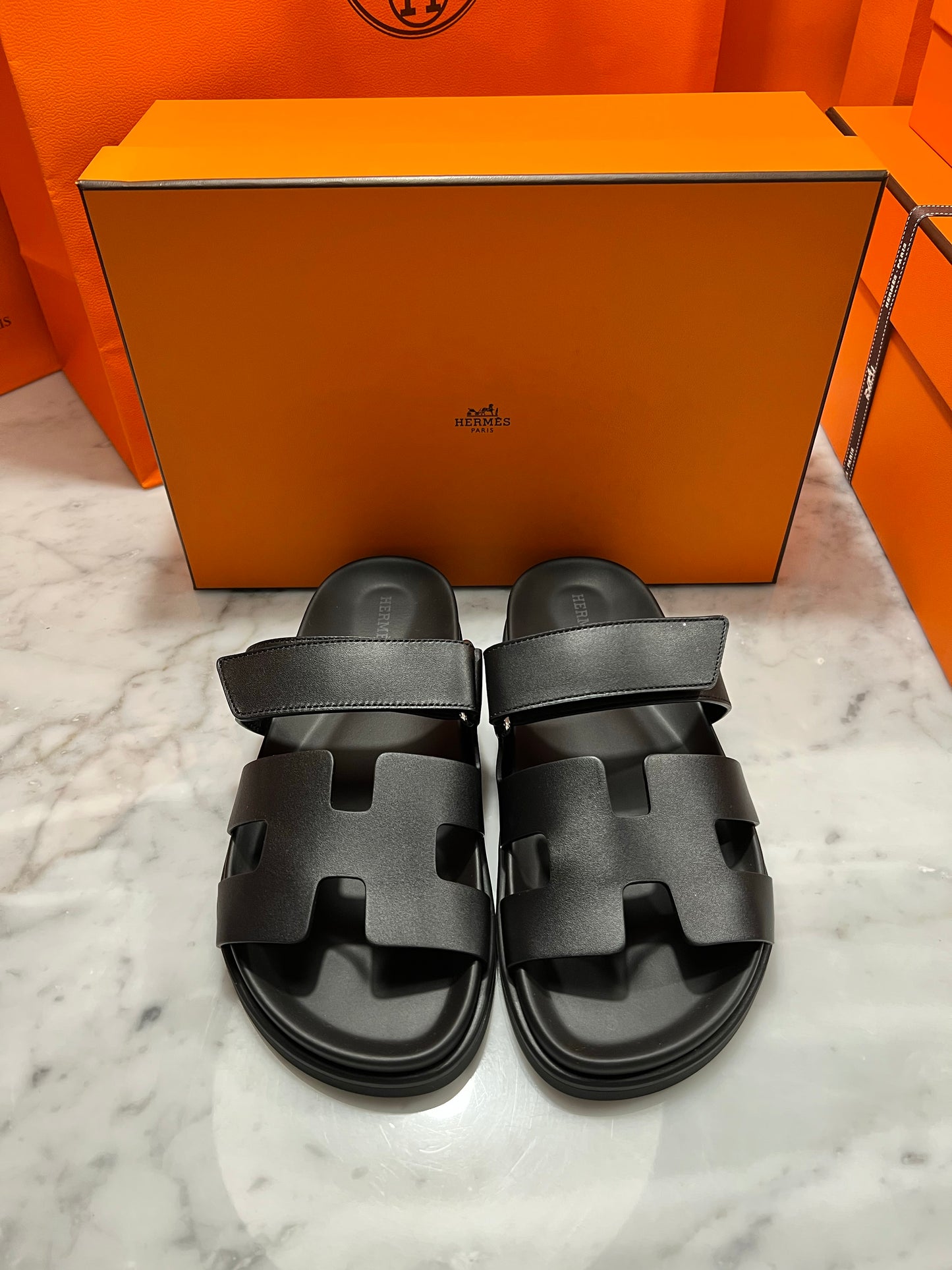 HERMES H CHYPRE BLACK CALFSKIN LEATHER SANDALS SHOES FLAT SLIDES