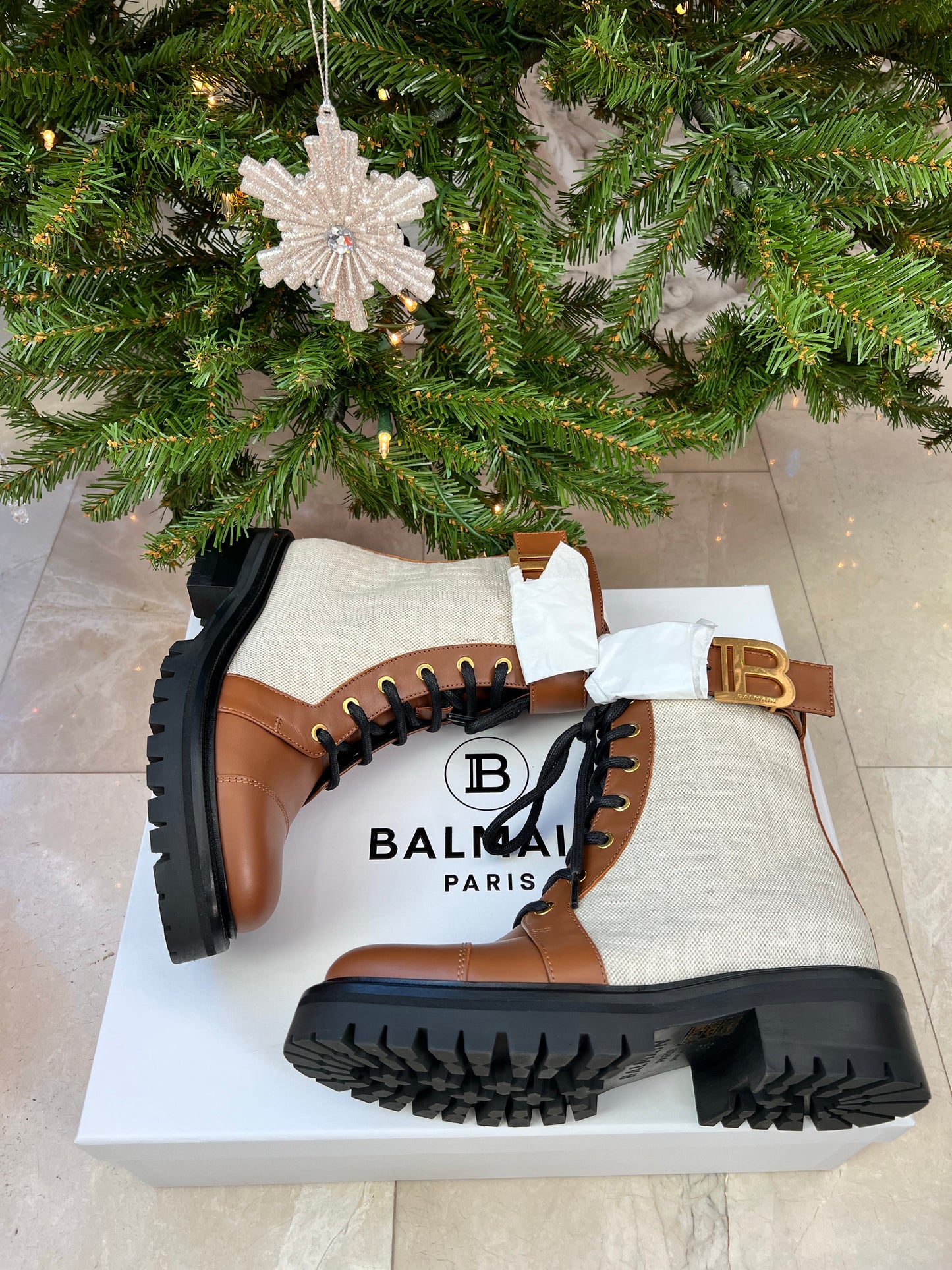 Balmain Ranger Romy Monogram Combat Brown Buckle Ankle Booties Boots