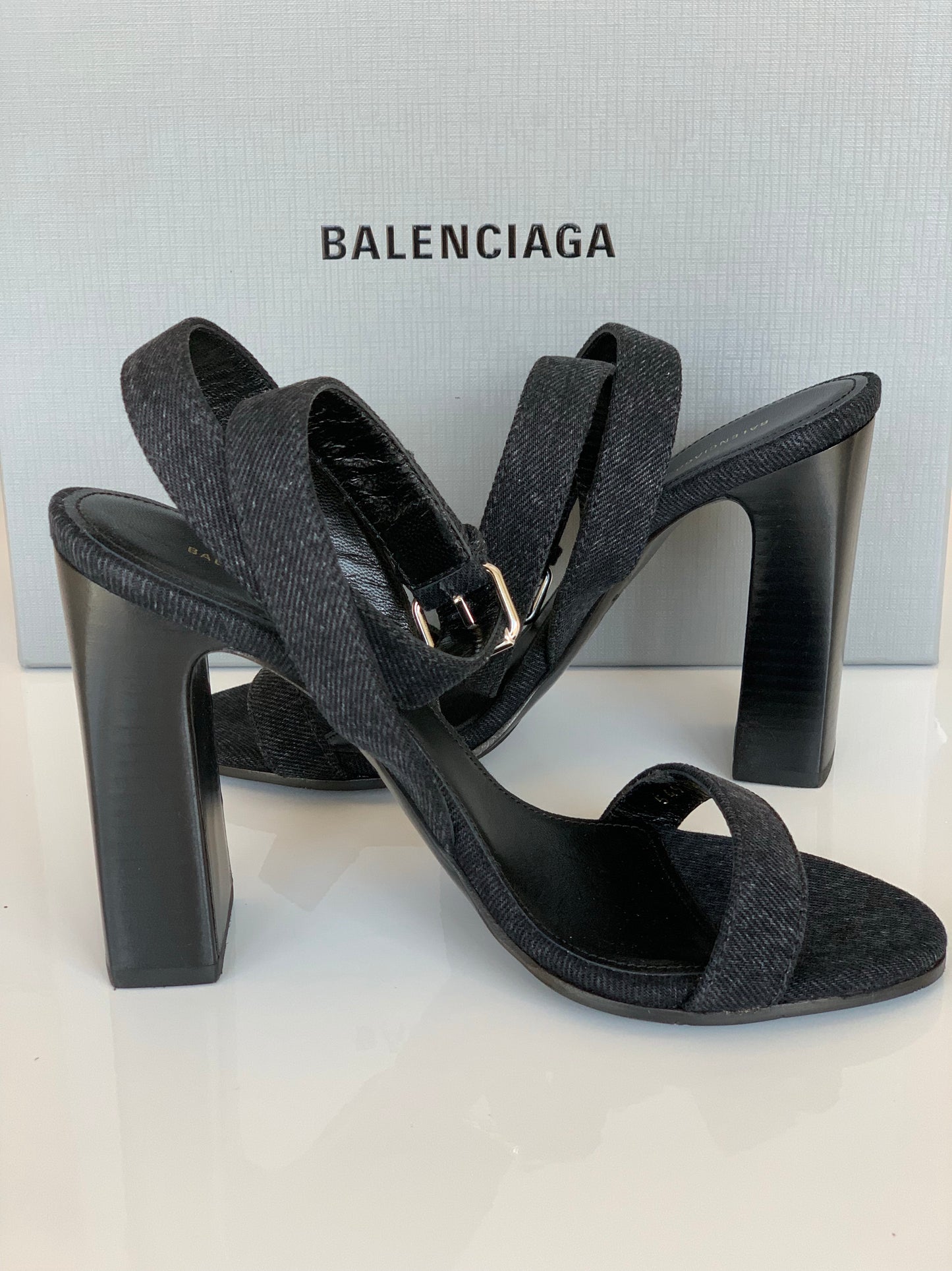 BALENCIAGA WRAPAROUND DENIM BLACK OPEN TOE ANKLE SANDAL HEELS SHOES