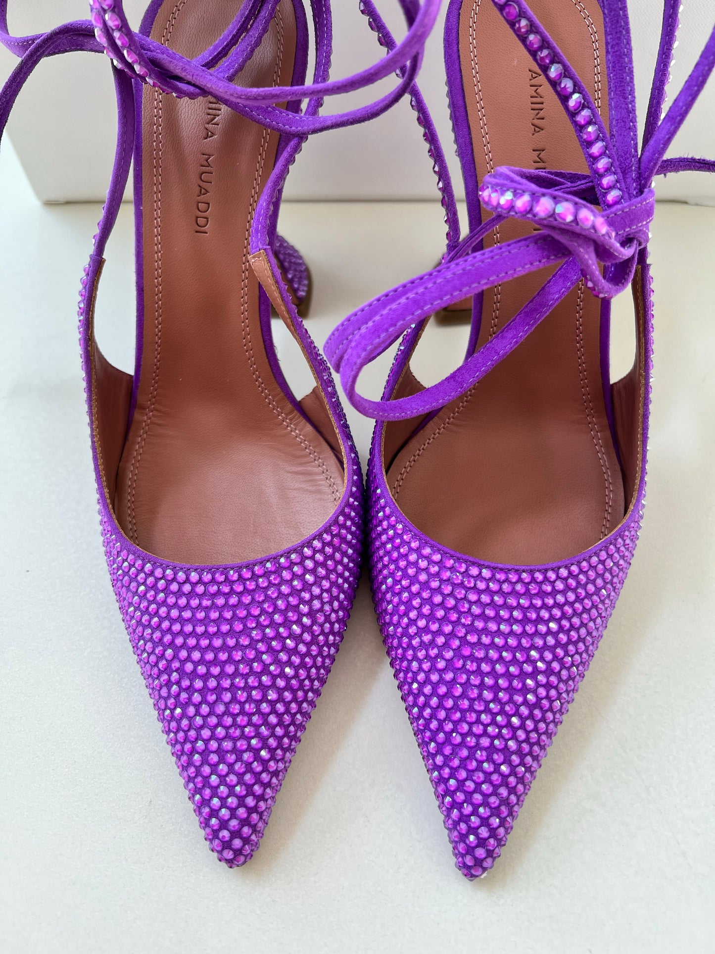 Amina Muaddi Karma Suede Crystal Embellished Lace Up Pumps Violet
