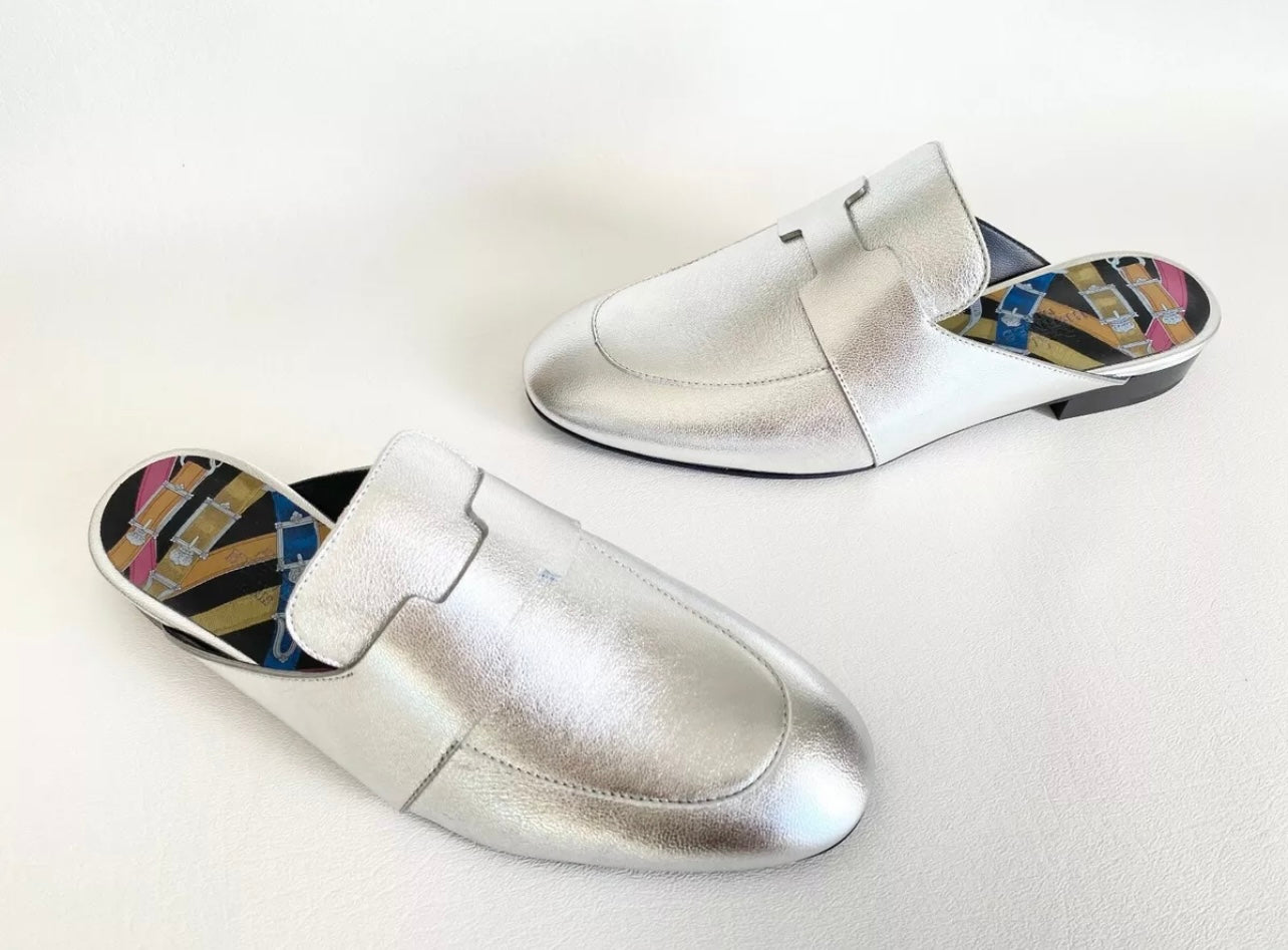 HERMES H CATENA SILVER LEATHER MULES FLIP FLOPS SHOES FLAT SLIDES